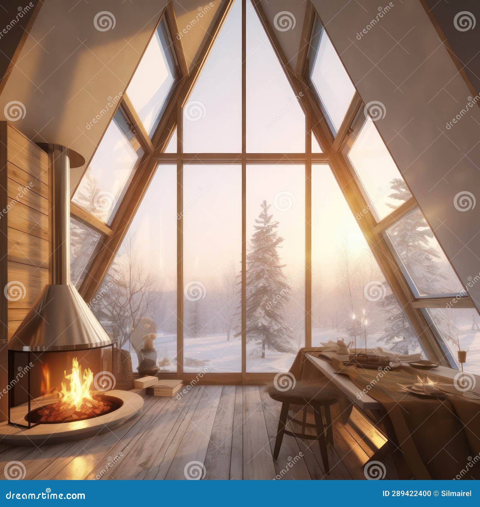 photo of the beautiful, stylish, lightful and cosy indoor interior of triangular house glamping resort in winter snow forest