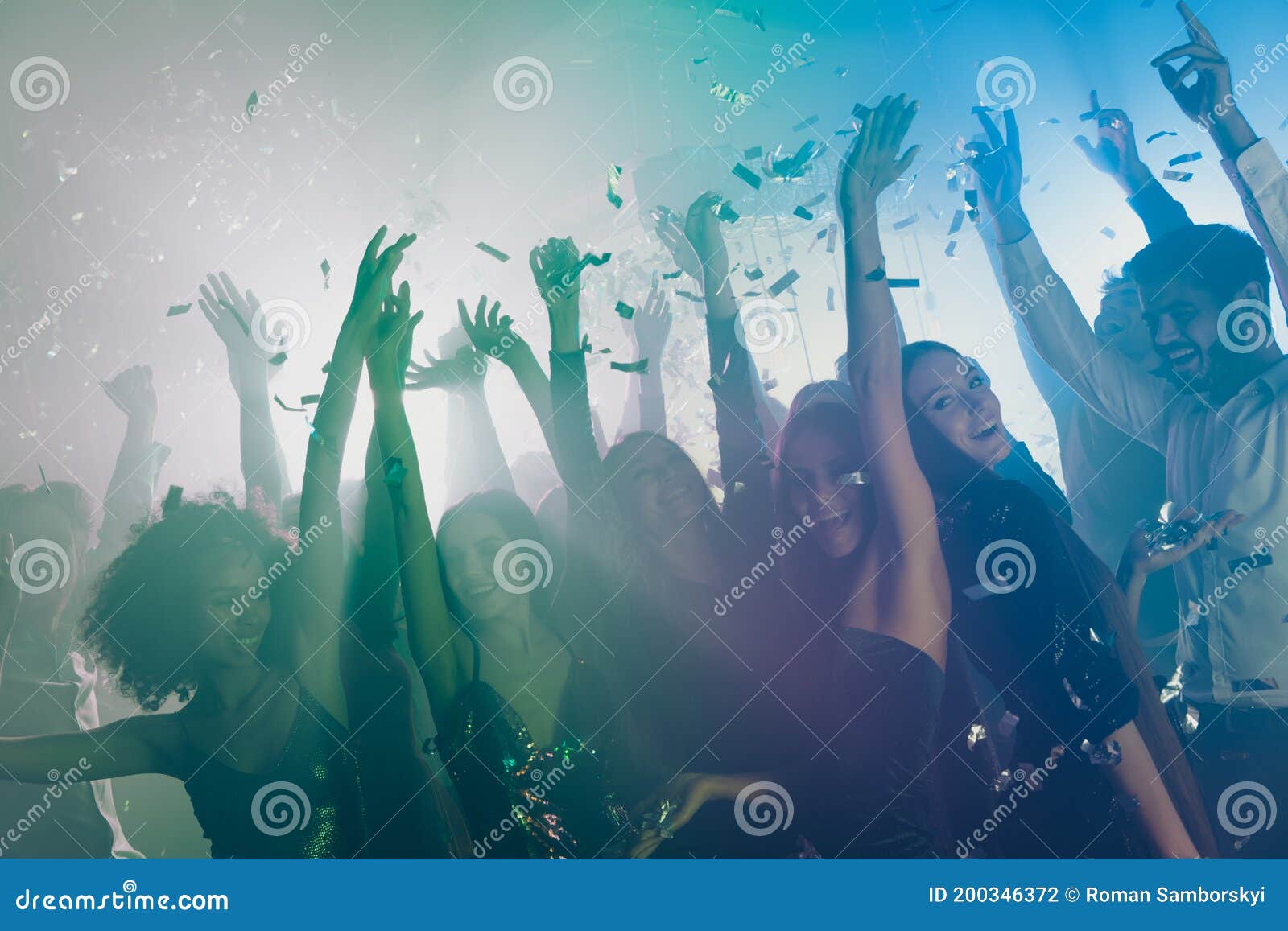 Photo of Big Company Many Charming Girls Dance Crazy Raise Hands Neon ...