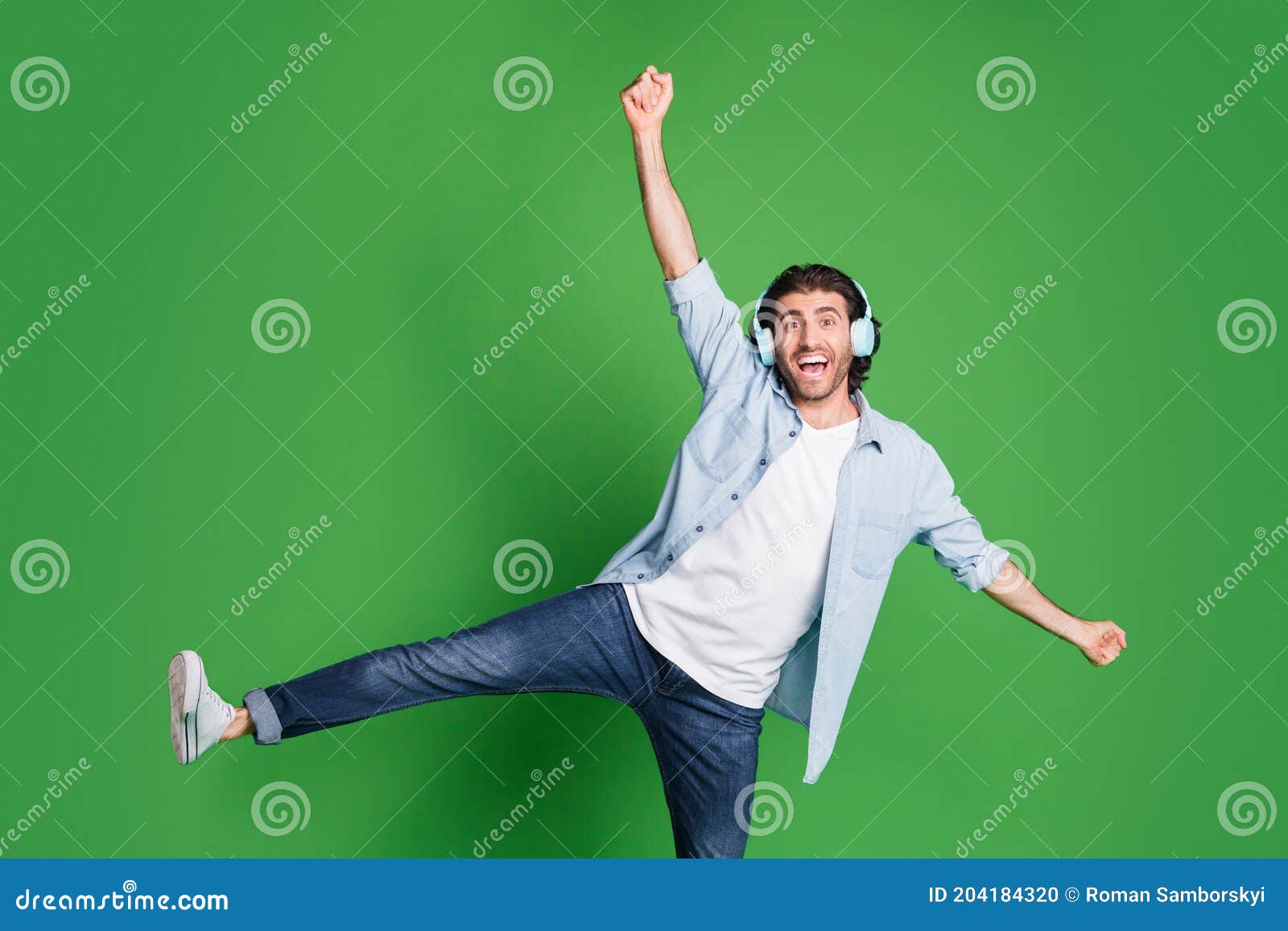 Photo of Bristled Man Raise Hand Leg Star Pose Open Mouth Wear ...