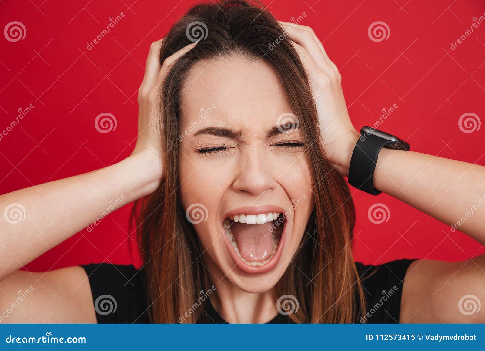 Photo Of Brunette Woman Emotionally Screaming And Grabbing Her H Stock Image Image Of Closeup