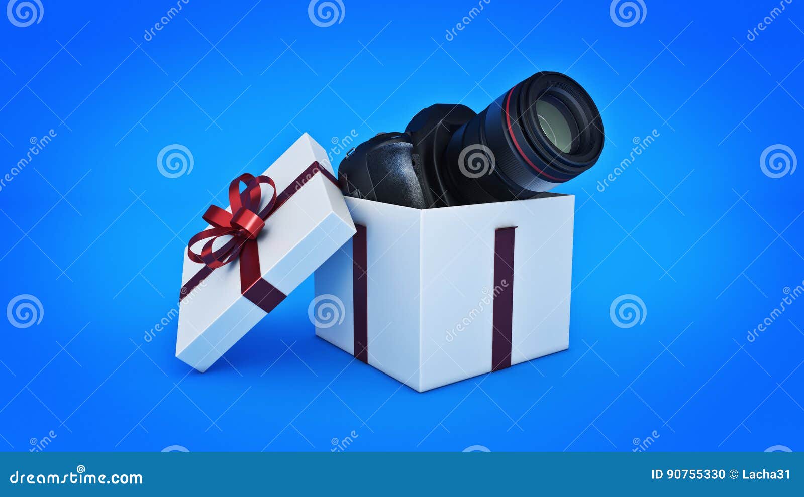Photo Camera in Gift Box, Gift Box Concept. Stock Illustration