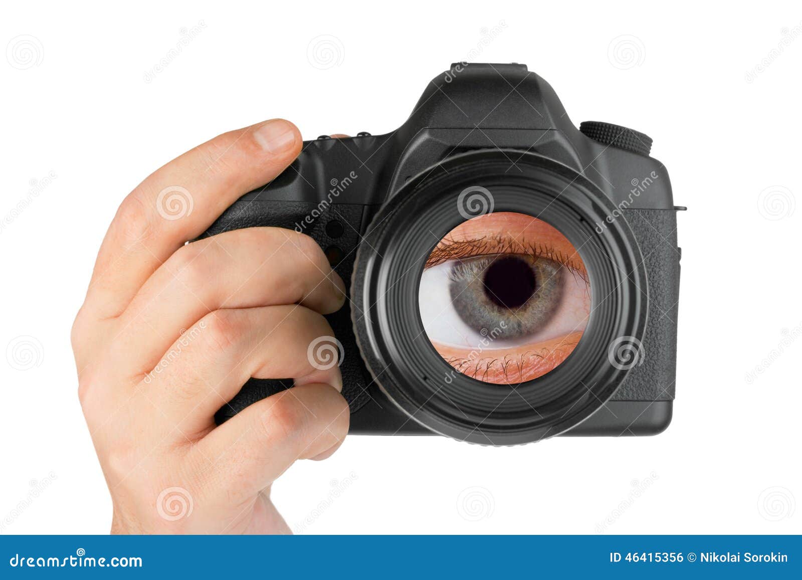 Photo Camera in Hand and Eye in Lens Stock Photo Image of observation