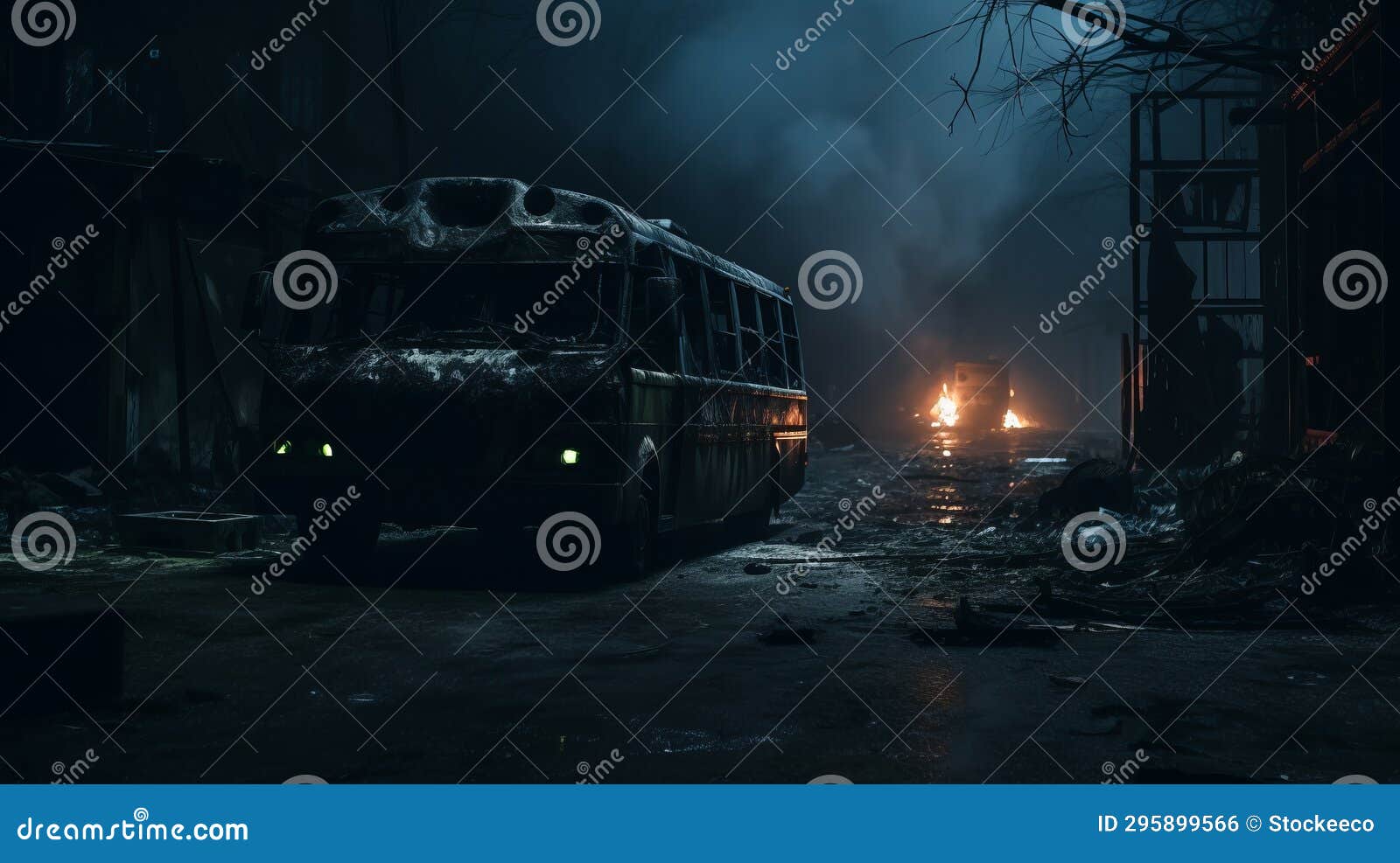 dark atmosphere: abandoned ambulance in burned warehouse