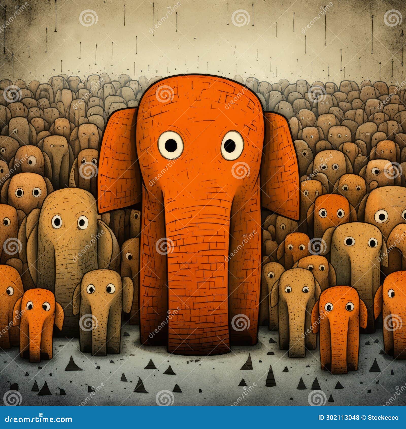 surreal cartoonish  of an elephant with orange eyes