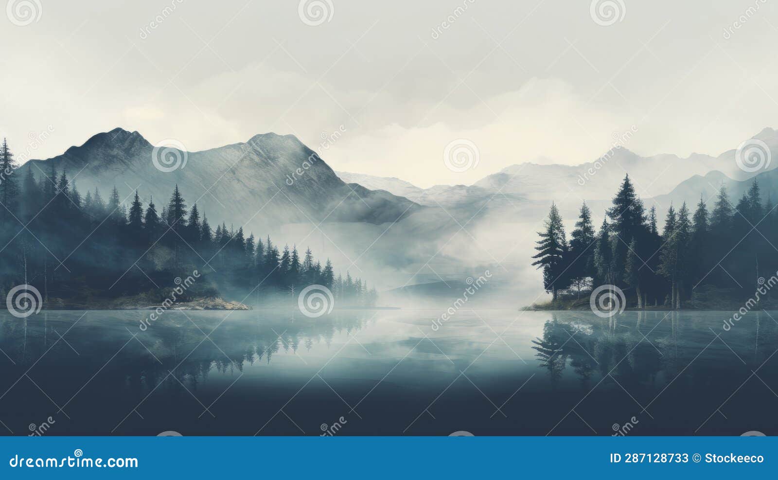 misty lake and trees: adventure themed, mountainous vistas in delicate rendered landscapes