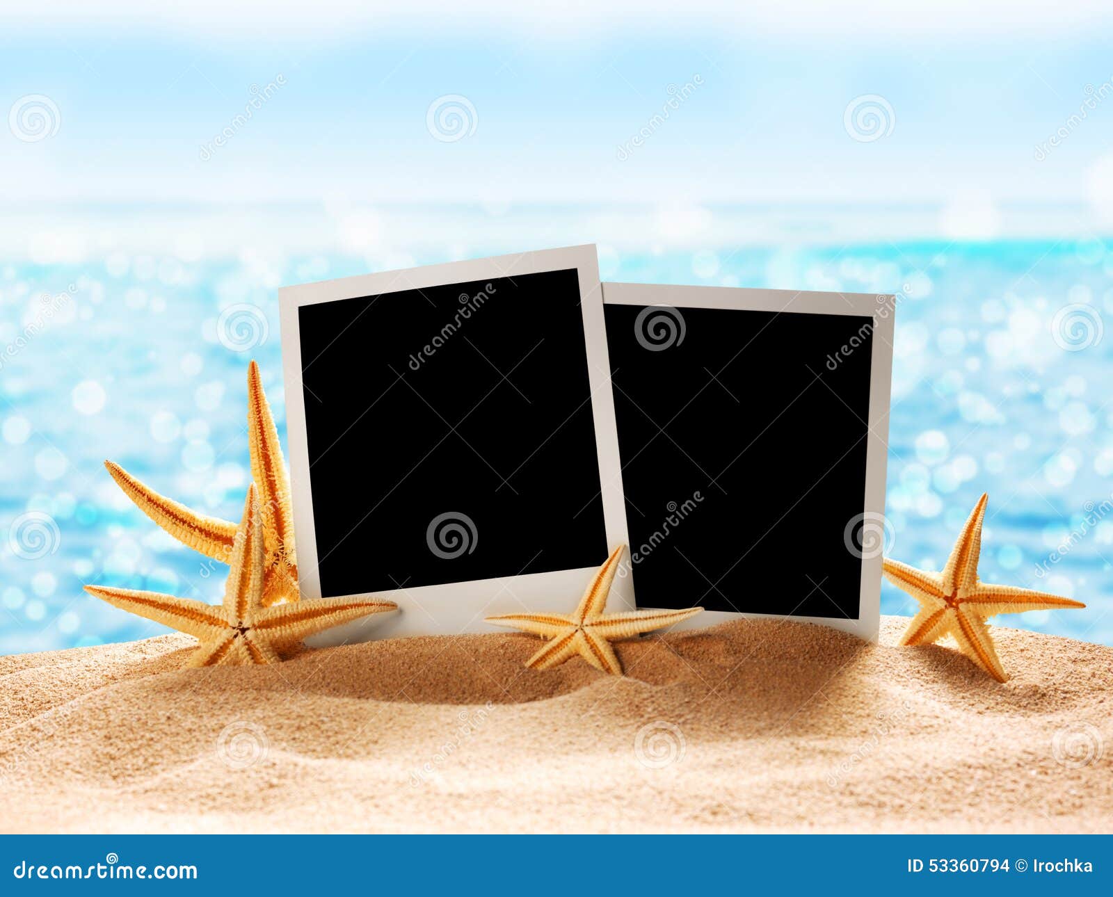 Photo card on sand beach. stock photo. Image of sand 53360794