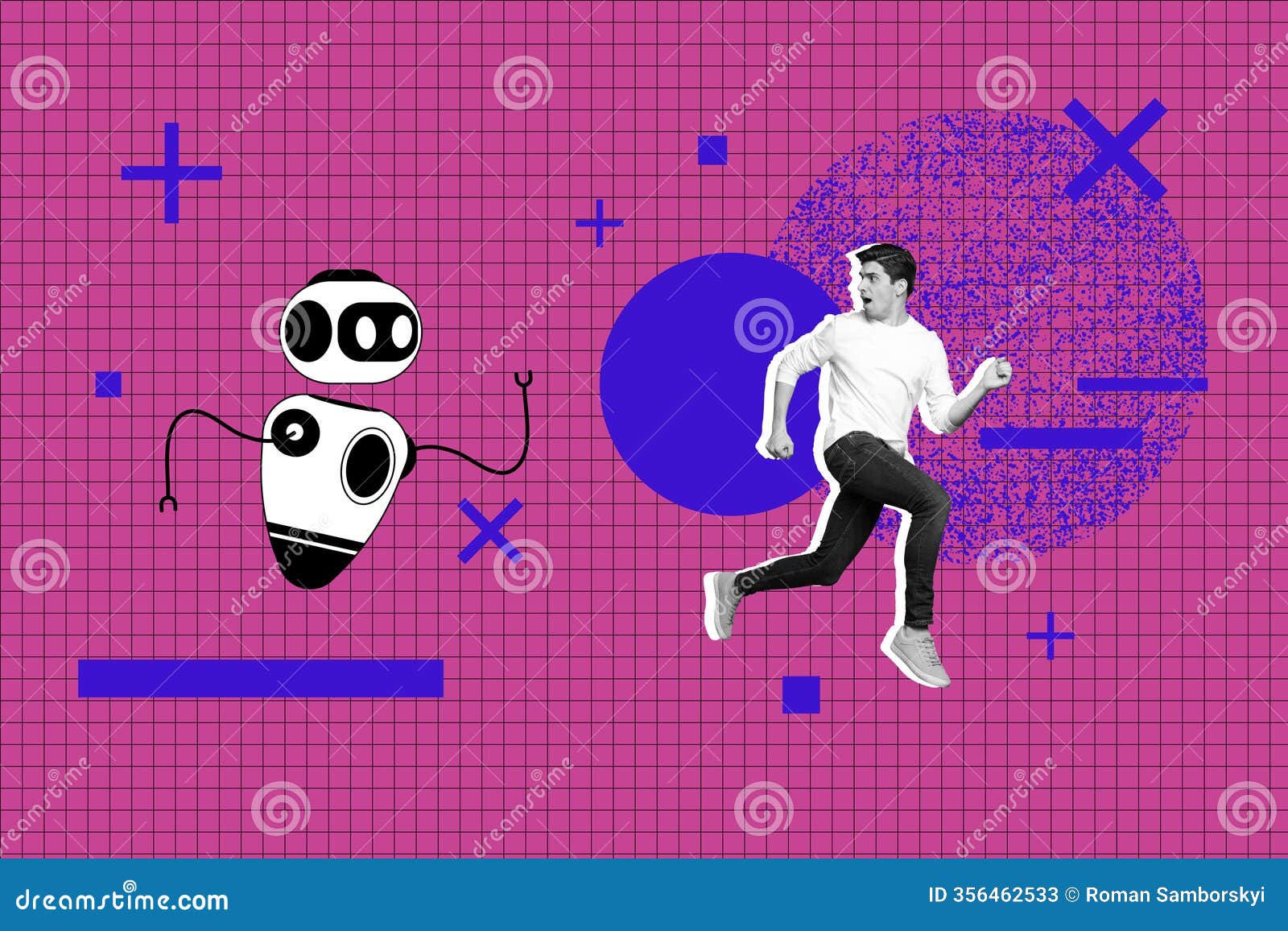 photo cartoon comics sketch collage of puzzled man run robot artificial intellect bot gpt app modern technology
