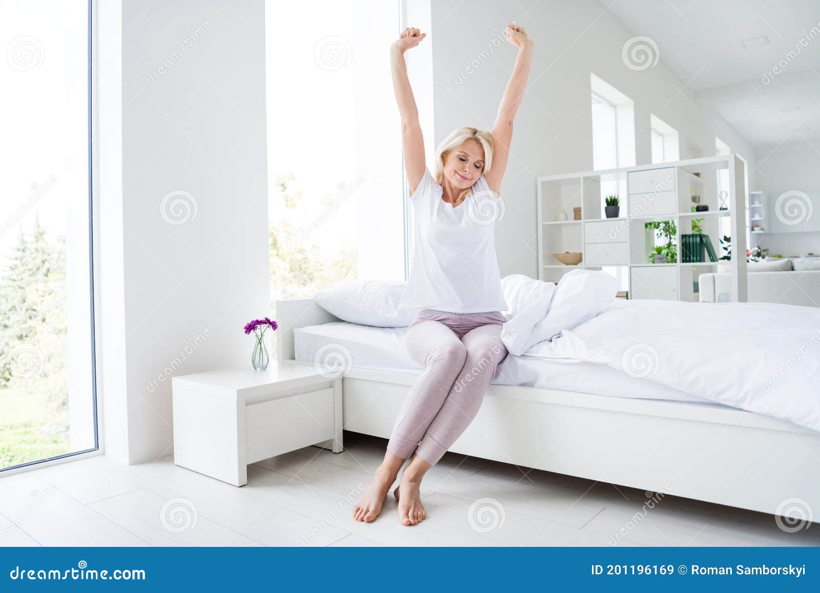 Jajama And Pota Xxx Video - Photo of Charming Aged Lady Barefoot Legs Woman Stretching Eyes Closed  Raise Hands Wear Pajama White Linen Bed Room Stock Image - Image of rest,  comfy: 201196169