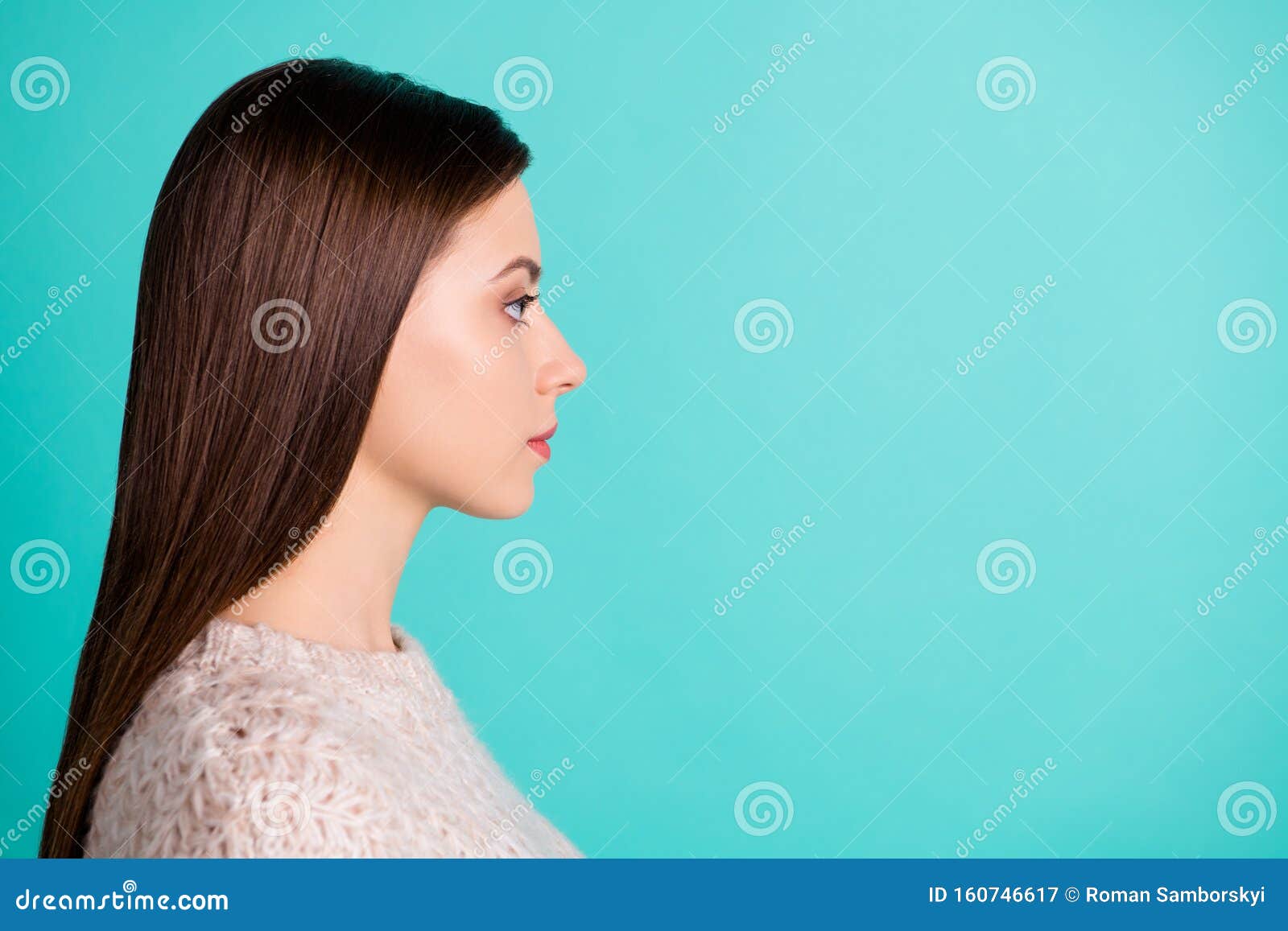 Profile of beautiful cartoon brunette girl with big brown eyes. Side view  of cute valentines girl