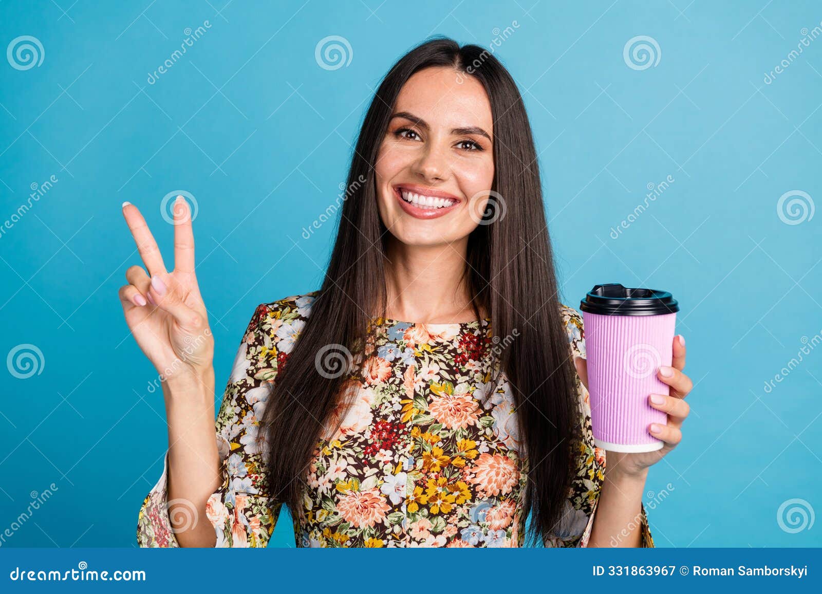 photo of charming positive woman wear print dress showing v-sign enjoying coffee empty space  blue color