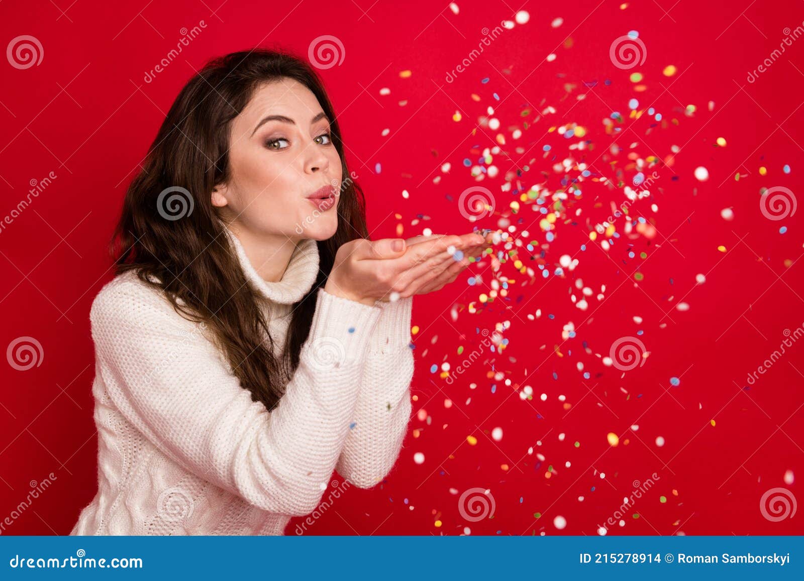 Photo of Charming Shiny Young Woman Dressed White Sweater Blowing Arms ...