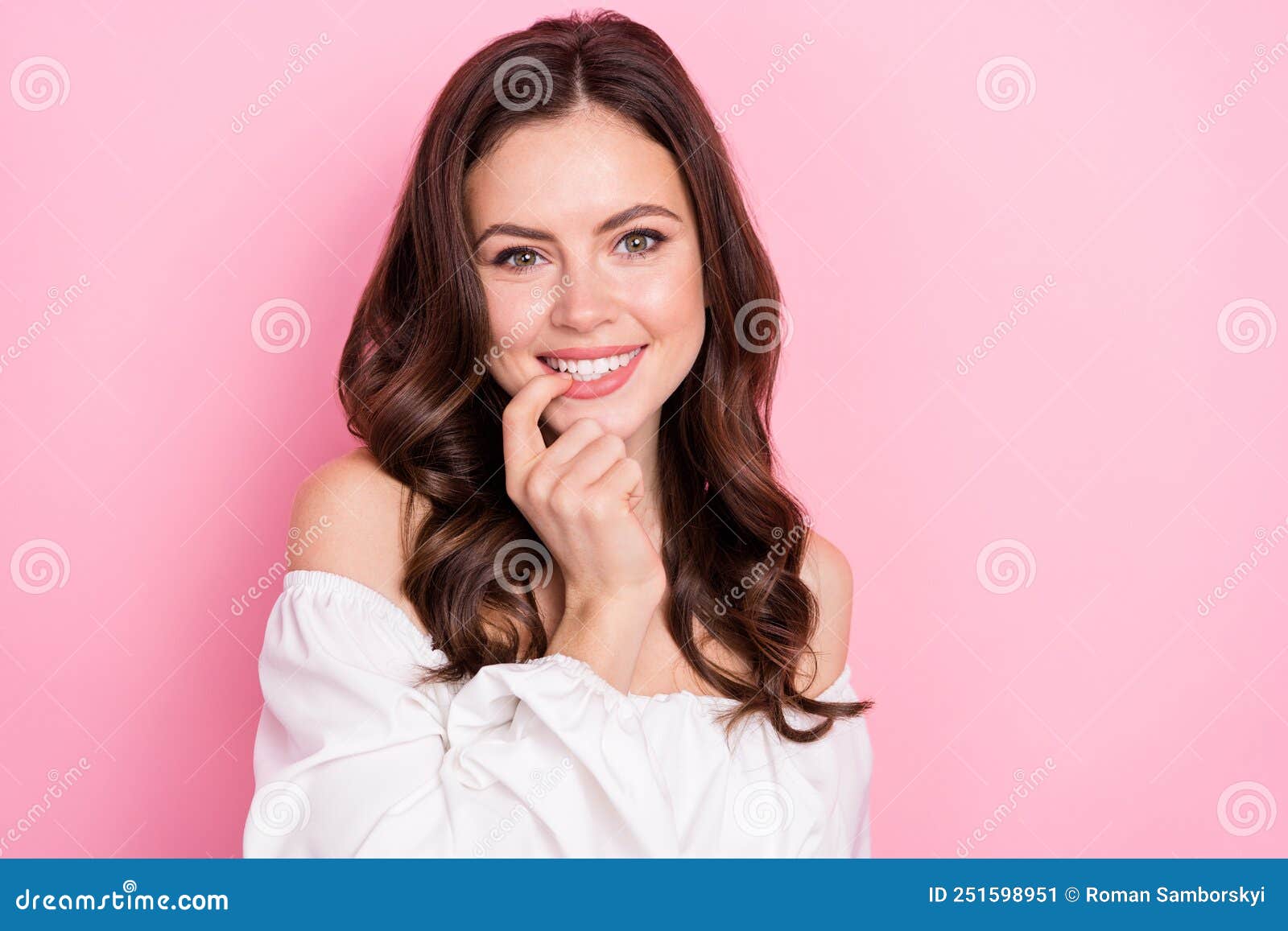 Photo Of Cheerful Gorgeous Adorable Flirty Woman Bite Her Finger Wear