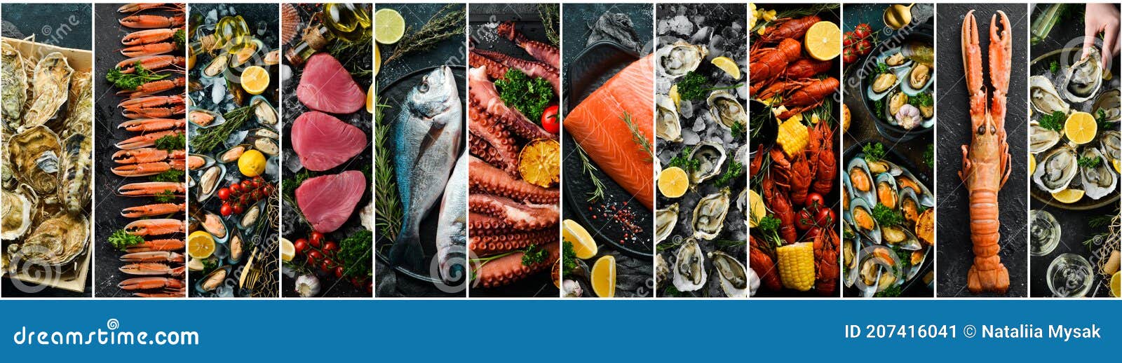 photo collage. seafood: fresh fish, crustaceans and shellfish