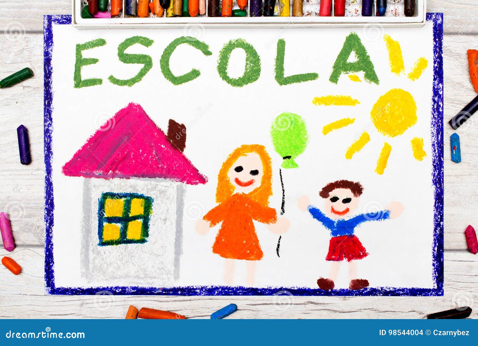 photo of colorful drawing: portuguese word school
