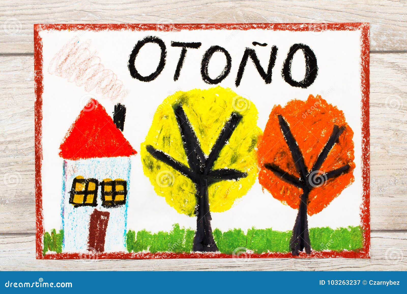 drawing: spanish word autumn, house and trees with yellow and orange leaves