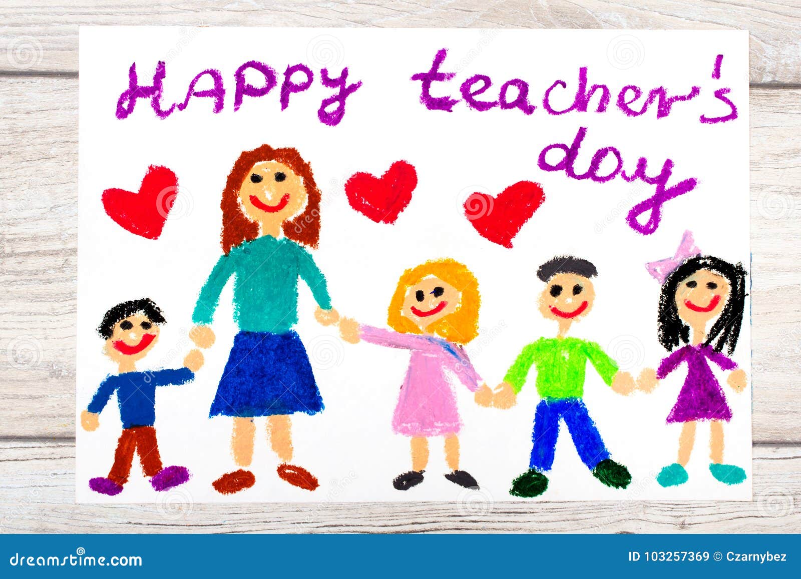 Drawing: Words HAPPY TEACHERS DAY, Teacher and Happy Children ...