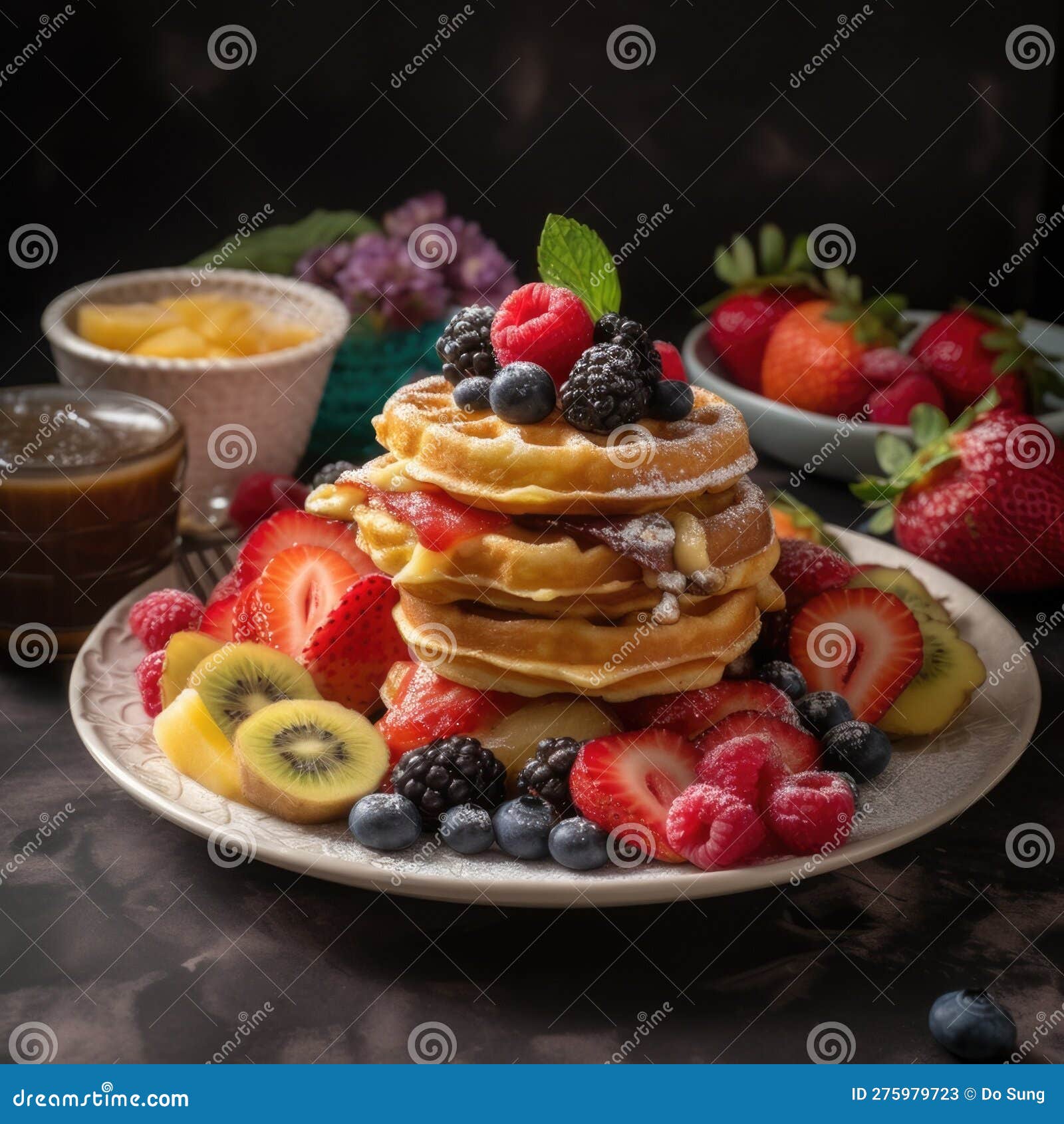 the photo a colorful plate with pancakes and waffles stacked