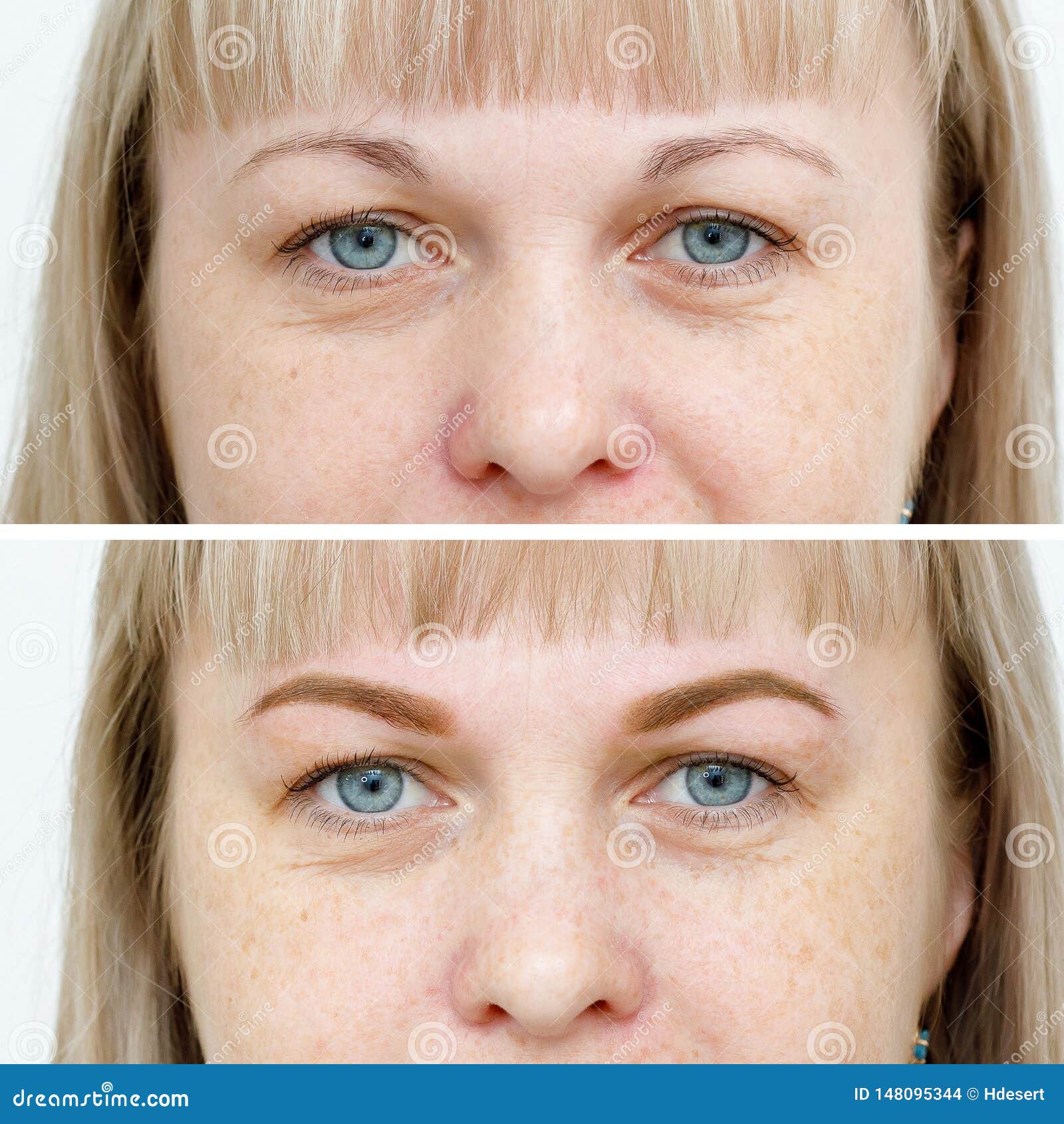 photo comparison before and after permanent makeup, tattooing of eyebrows