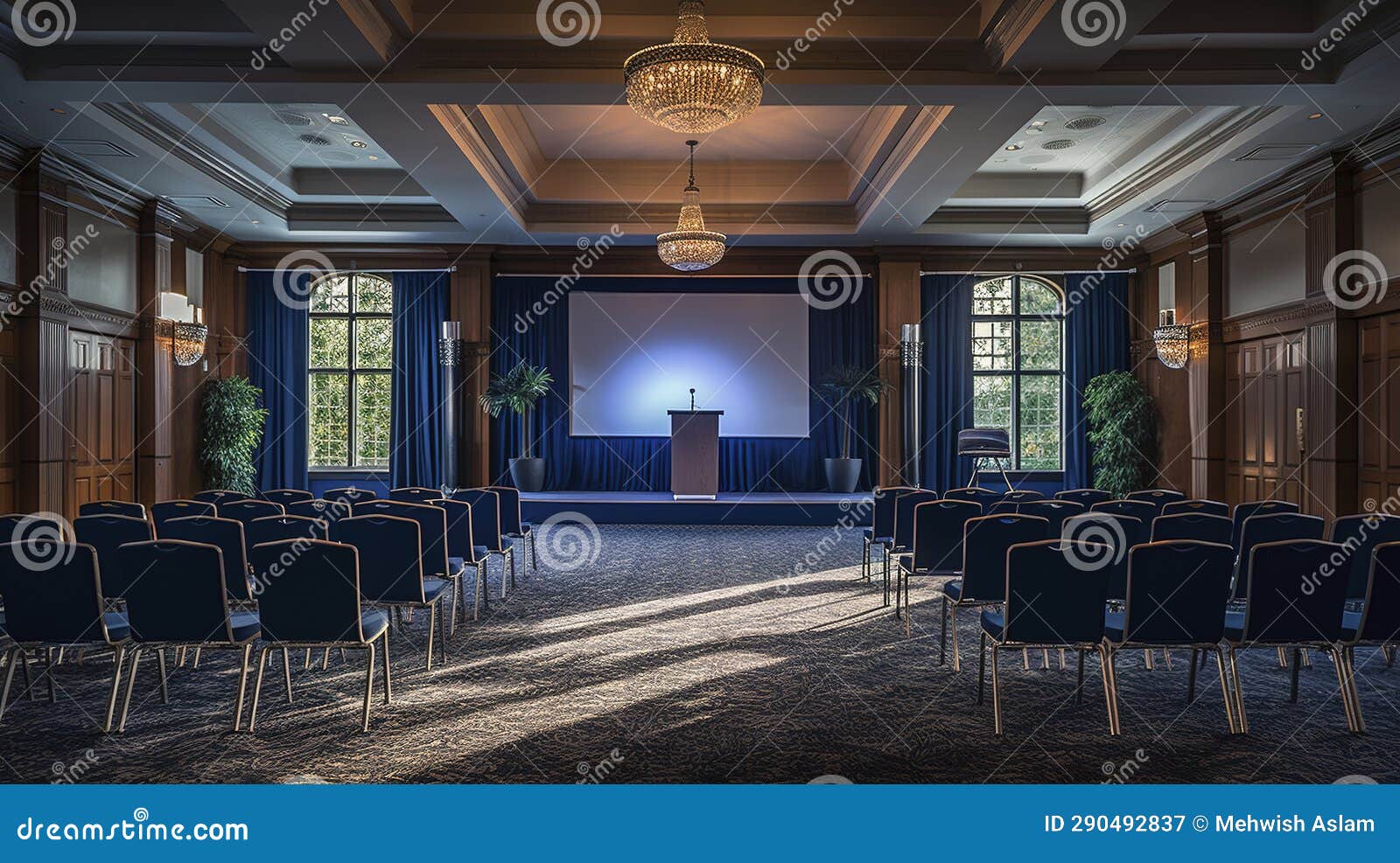 A Photo of a Conference Room Setup in an Event Venue Stock Illustration