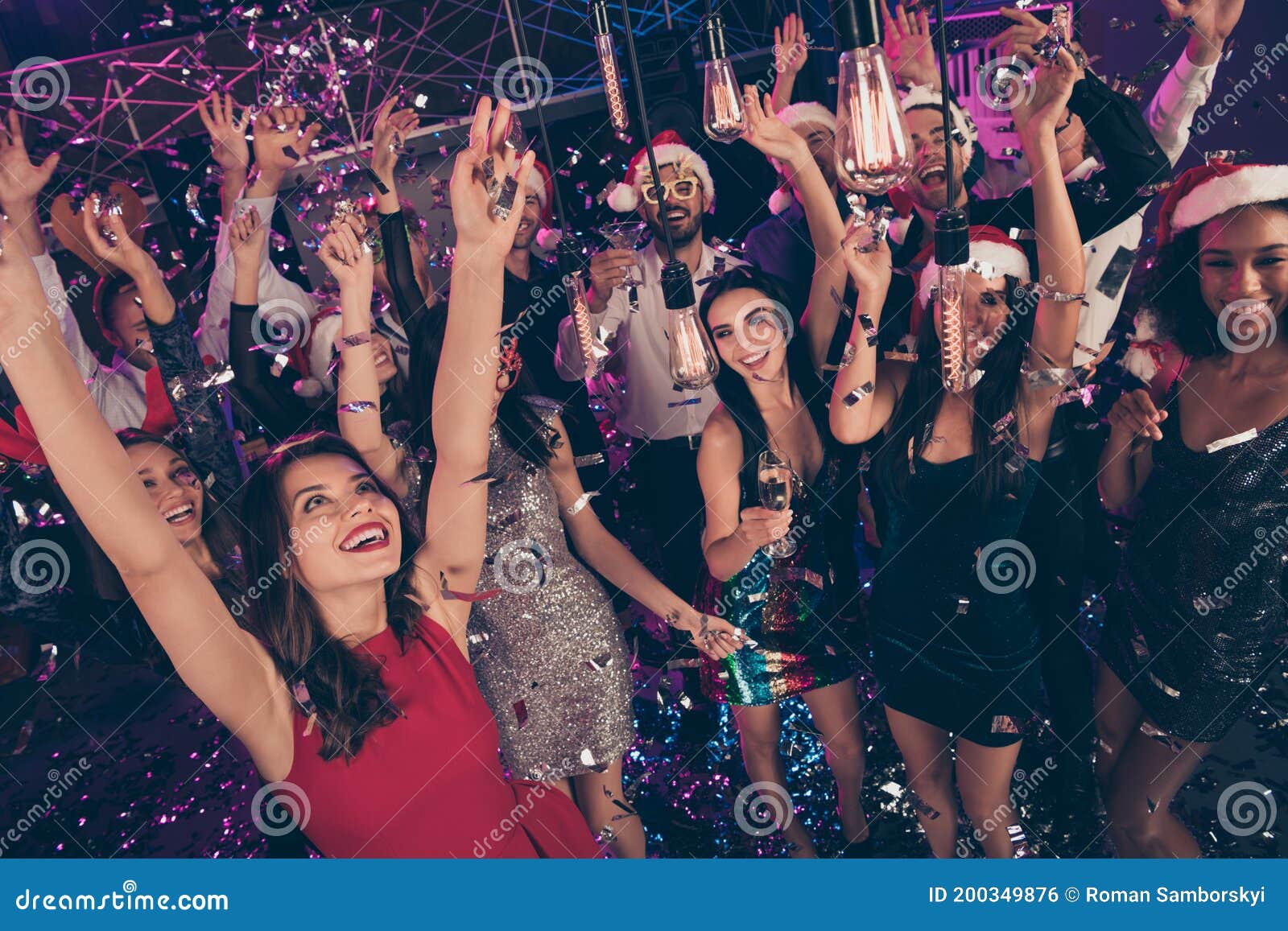 Photo of Crazy Attractive People Raise Hands Illumination Rejoice Hold ...
