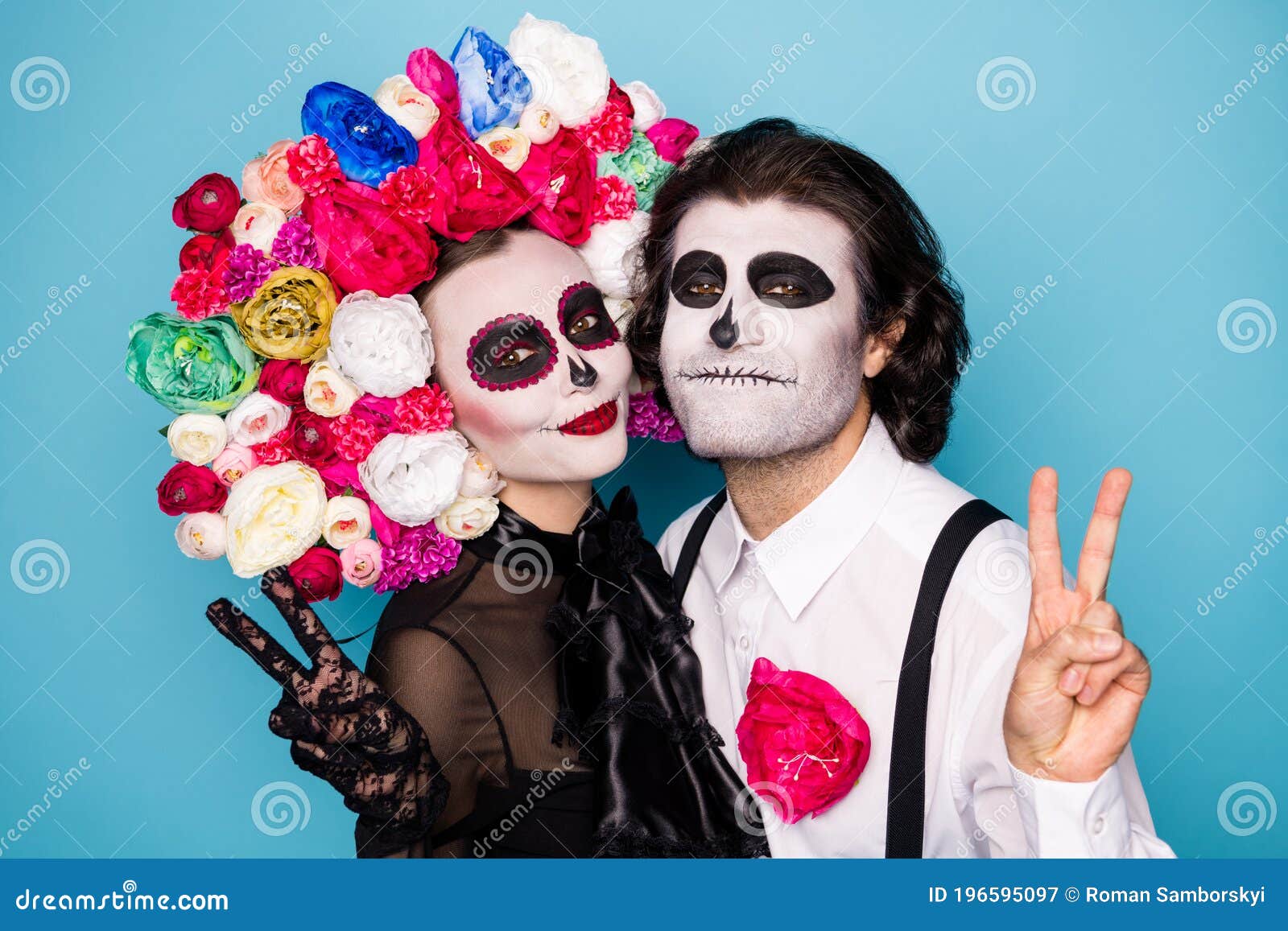 Photo of Creepy Creature Couple Man Lady Cuddle Show V-sign Greeting ...