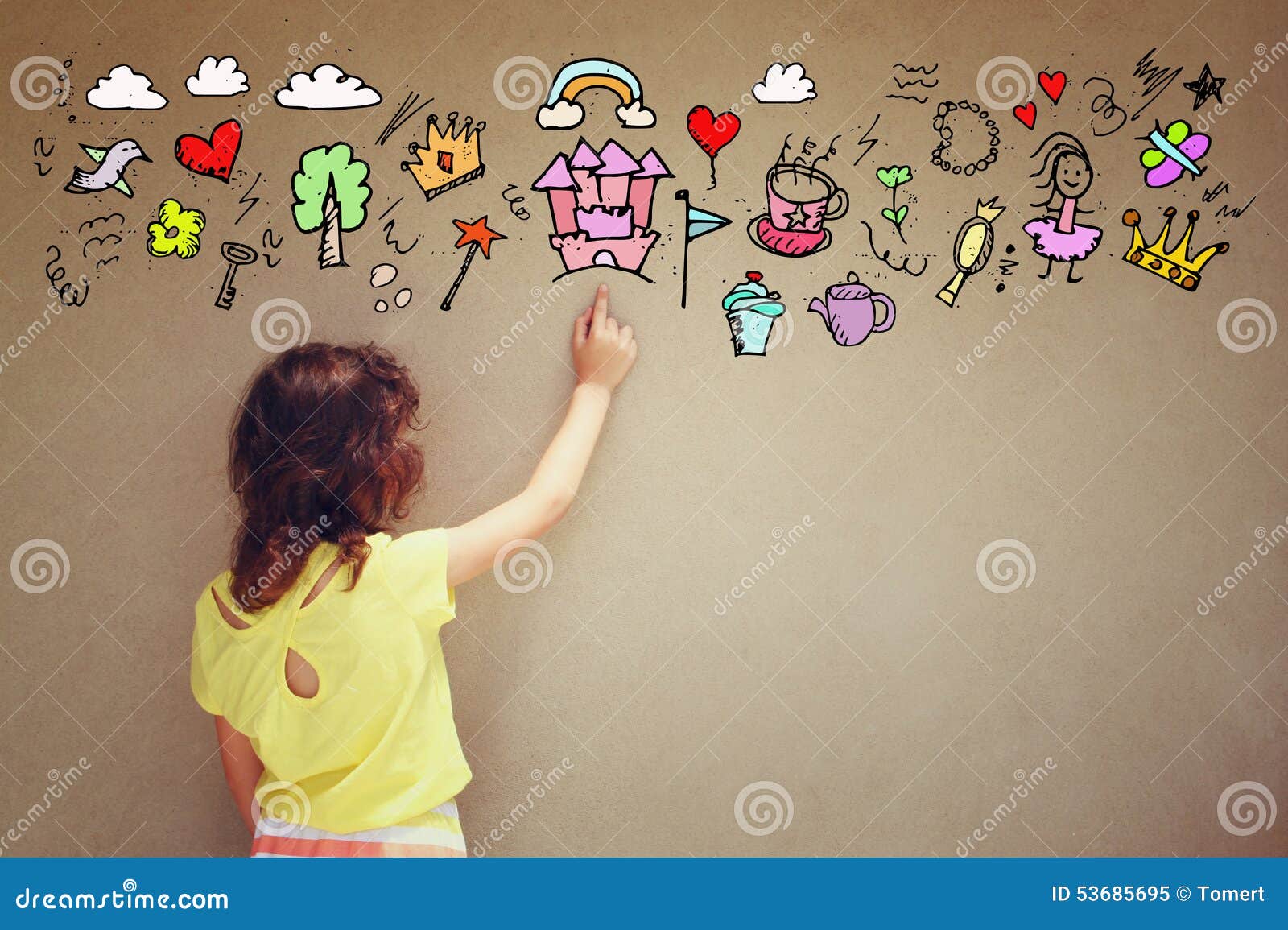 photo of cute kid imagine princess or fairytale fantasy. set of infographics over textured wall background