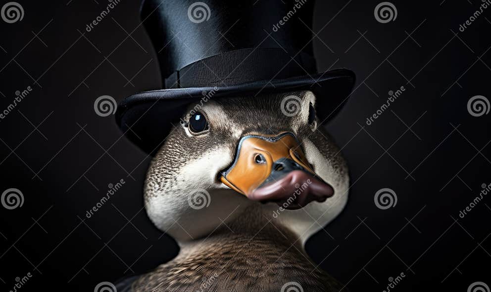 Photo of a Duck Wearing a Stylish Top Hat Up Close Stock Illustration