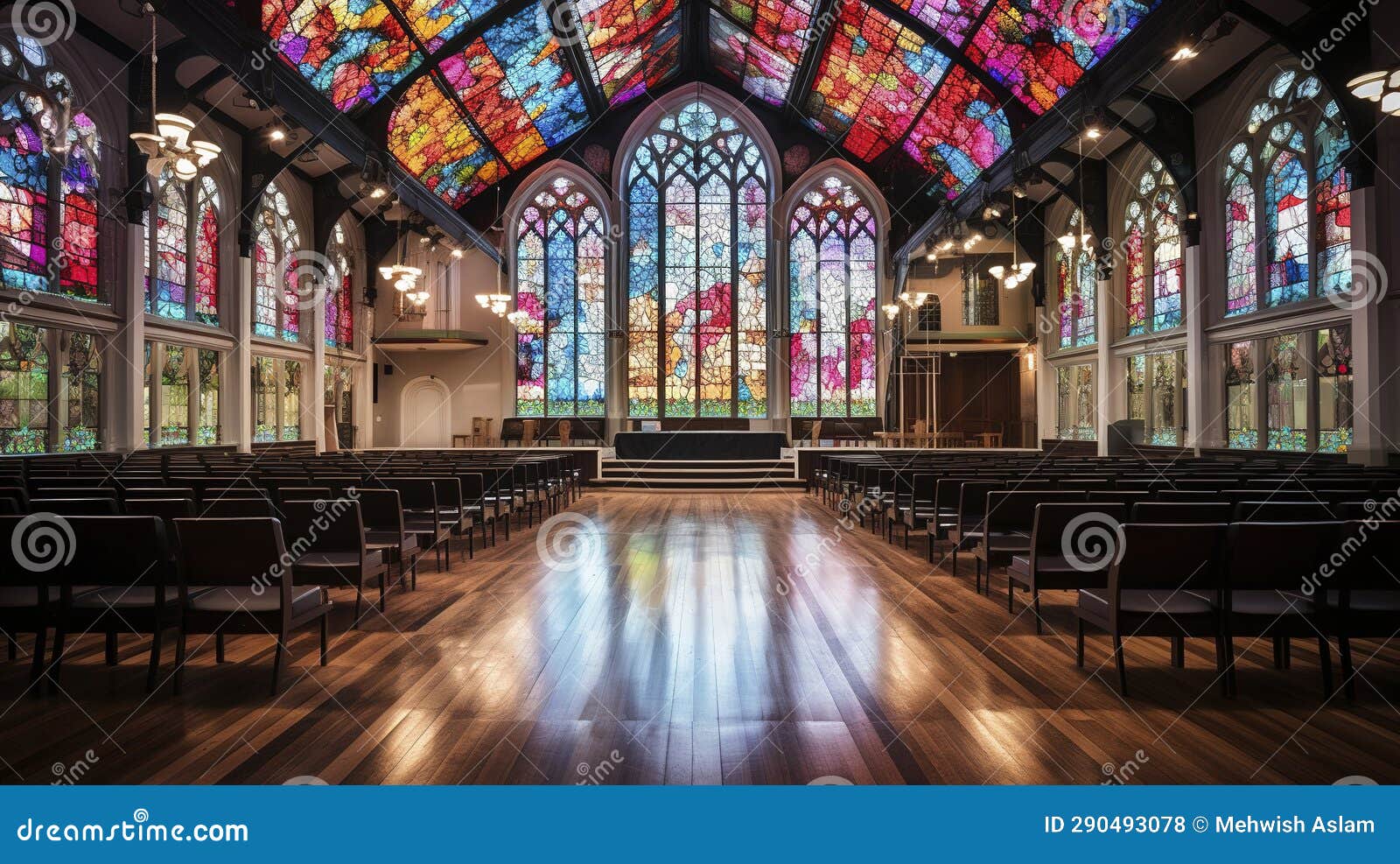 A Photo of an Event Venue Chapel with Chandelier Stock Illustration