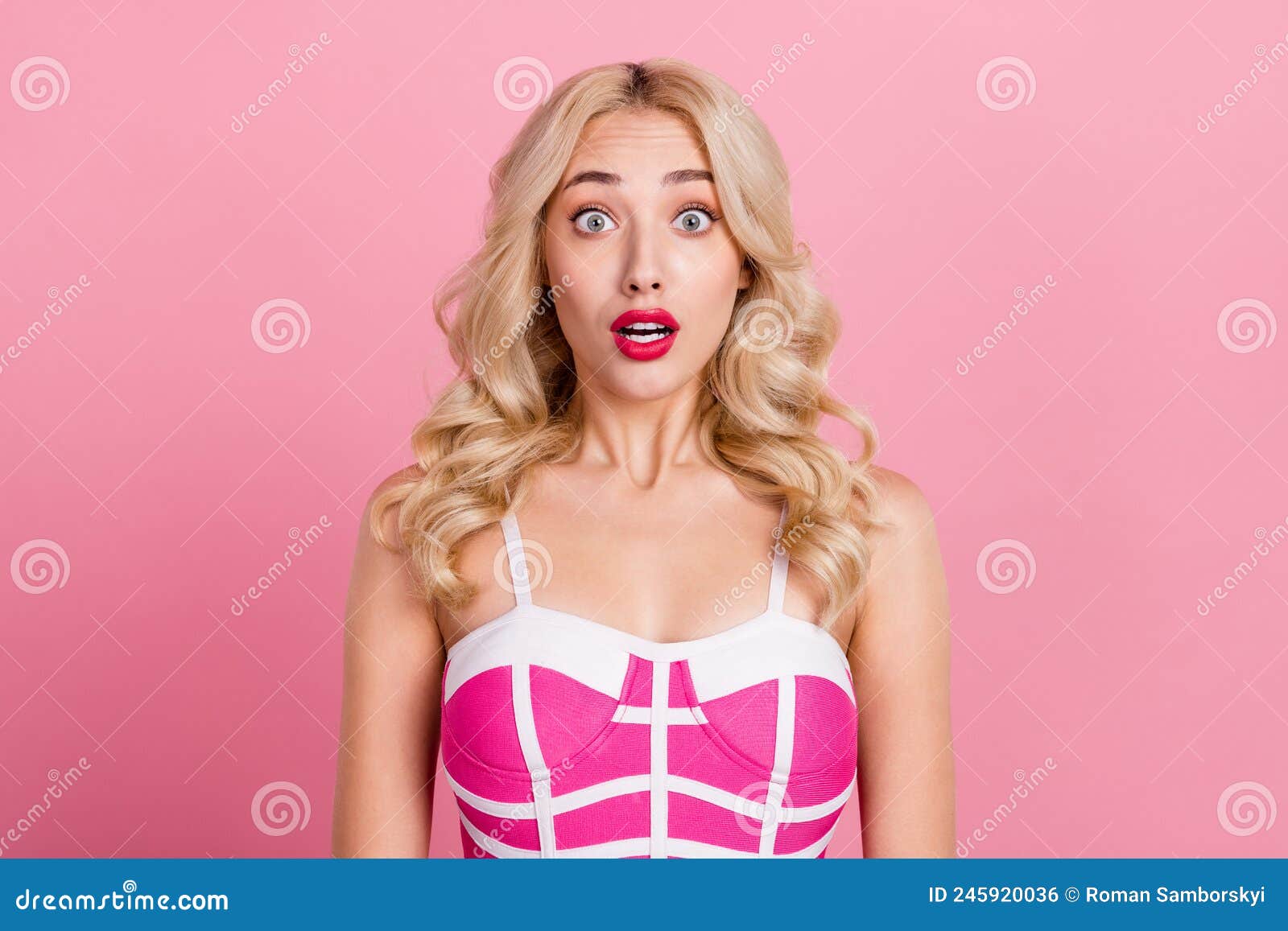 Photo of Excited Crazy Barbie Doll Staring Camera Disbelief Concept Wear  Fancy Striped Dress Isolated Pink Color Stock Photo - Image of expression,  hair: 245920036