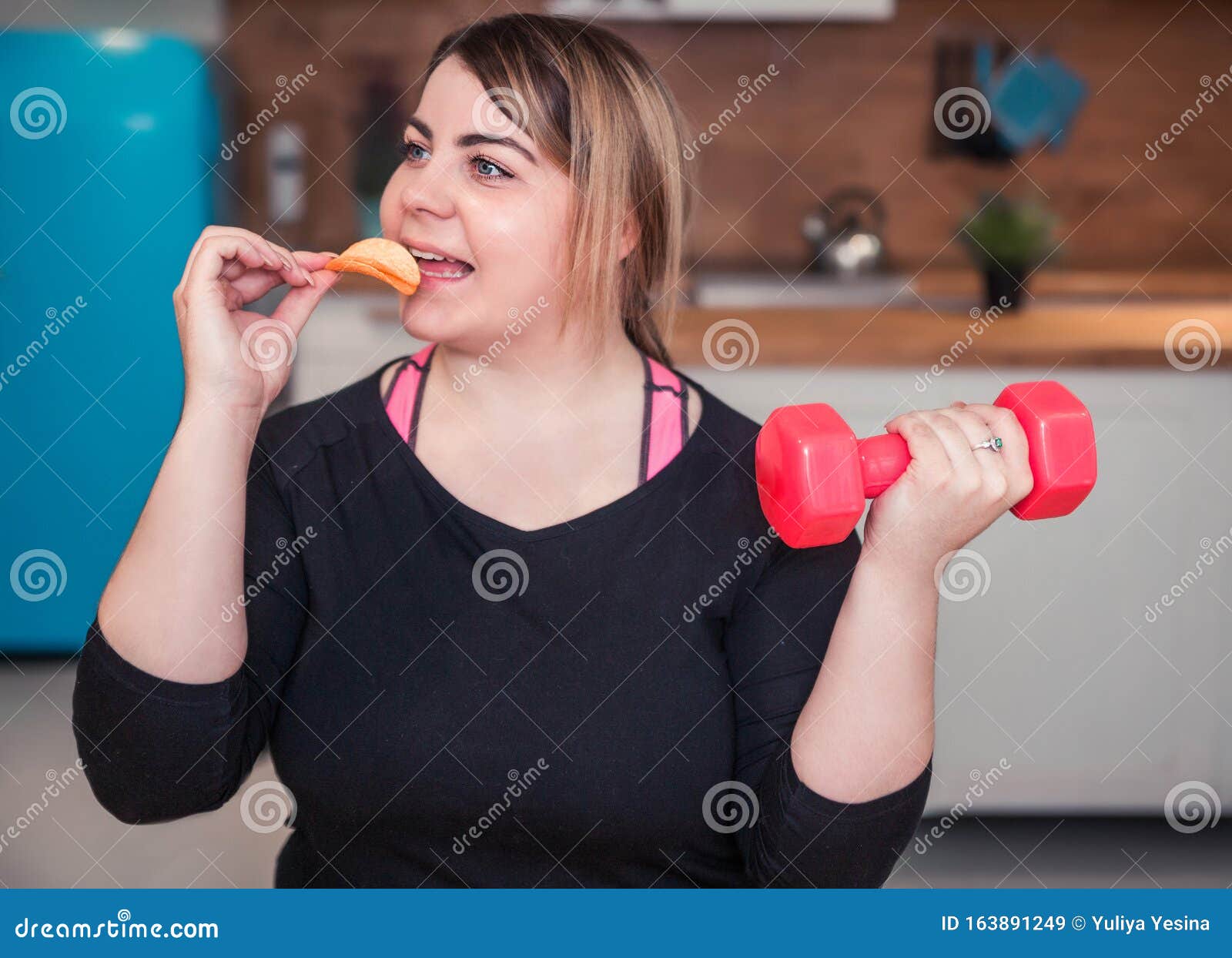Fat Lazy Girl In Sportswear Eating Junk Food Instead Of Training St