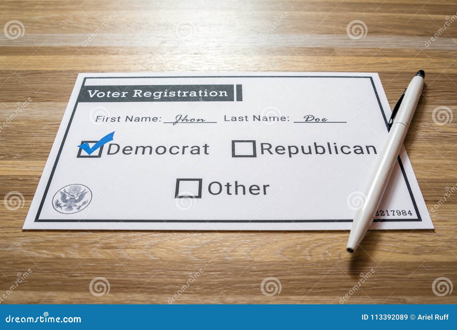 voter registration card with democratic party selected