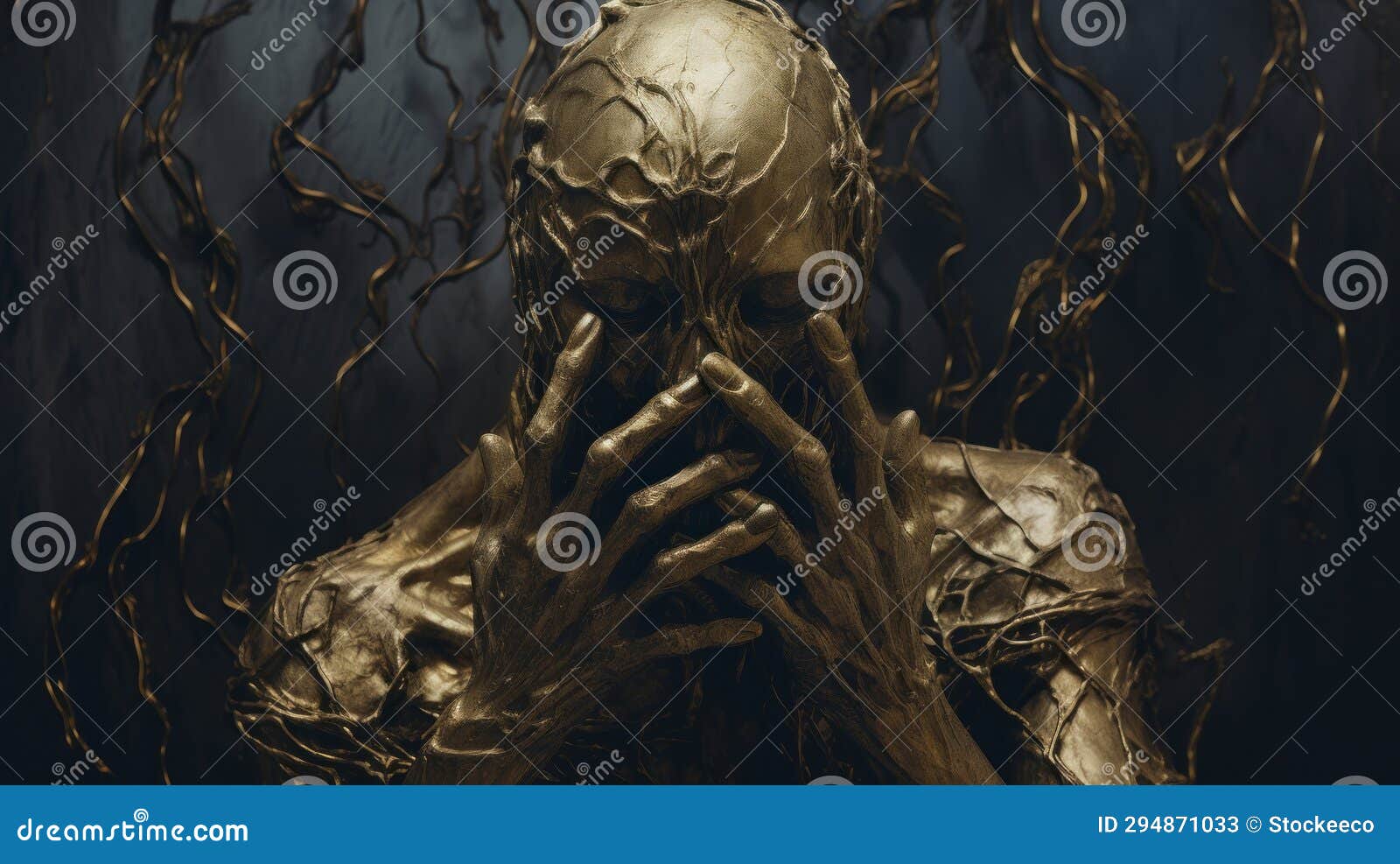 intricate gold figure on dark background with otherworldly grotesquery