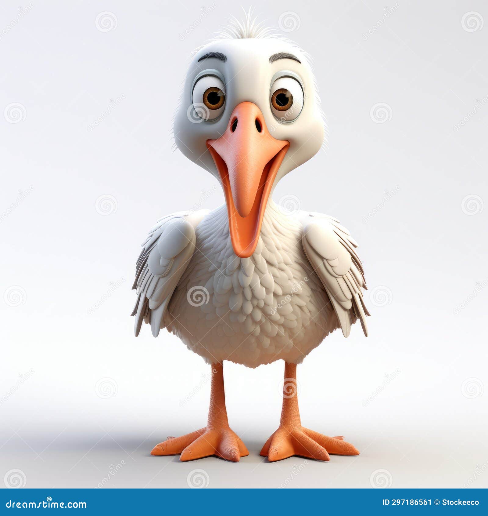 lively cartoon pelican with humorous caricature in solapunk style