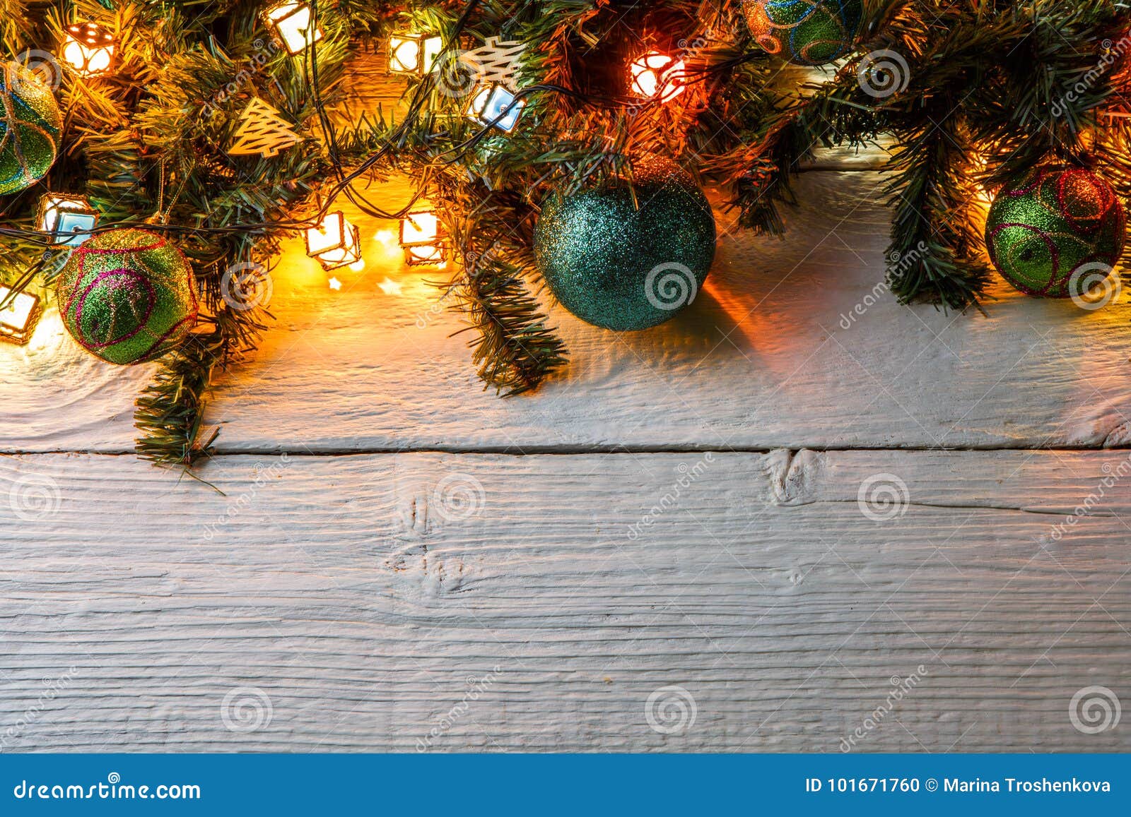 Photo of Fir Branches, Christmas Balls, Burning Garland Stock Photo ...