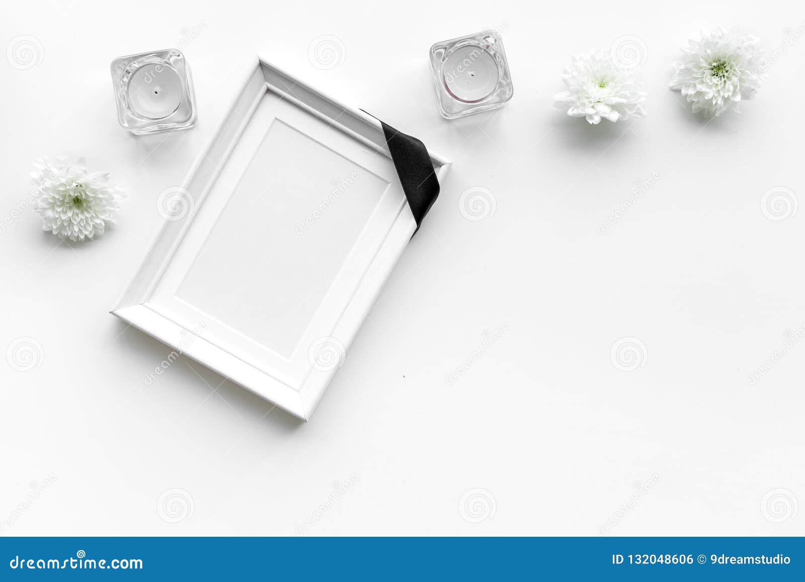 Download Death Concept. Photo Frame, Mockup With Black Ribbon Near Flowers, Candles On White Background ...