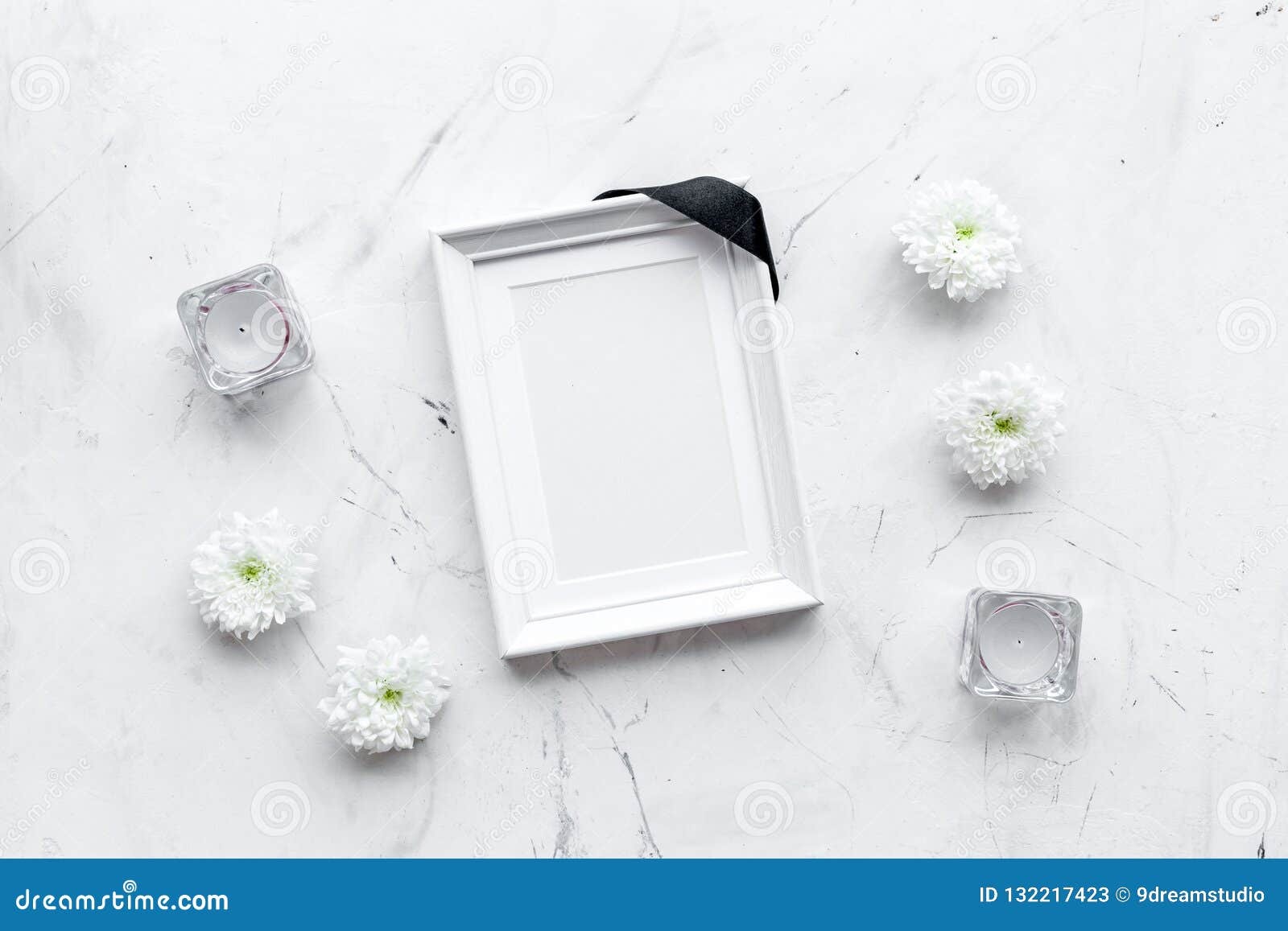 Death Concept. Photo Frame, Mockup with Black Ribbon Near Flowers, Candles  on White Stone Background Top View Stock Image - Image of ritual, flat:  132217423