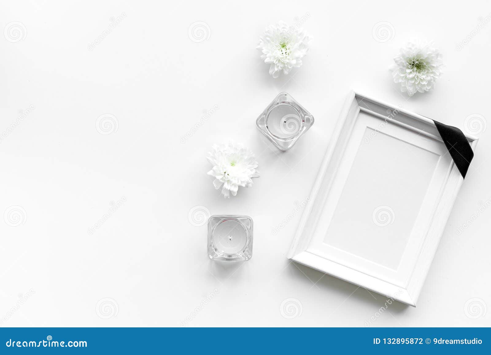Death Concept. Photo Frame, Mockup with Black Ribbon Near Flowers, Candles  on White Background Top View Copy Space Stock Photo - Image of farewell,  departed: 132895872