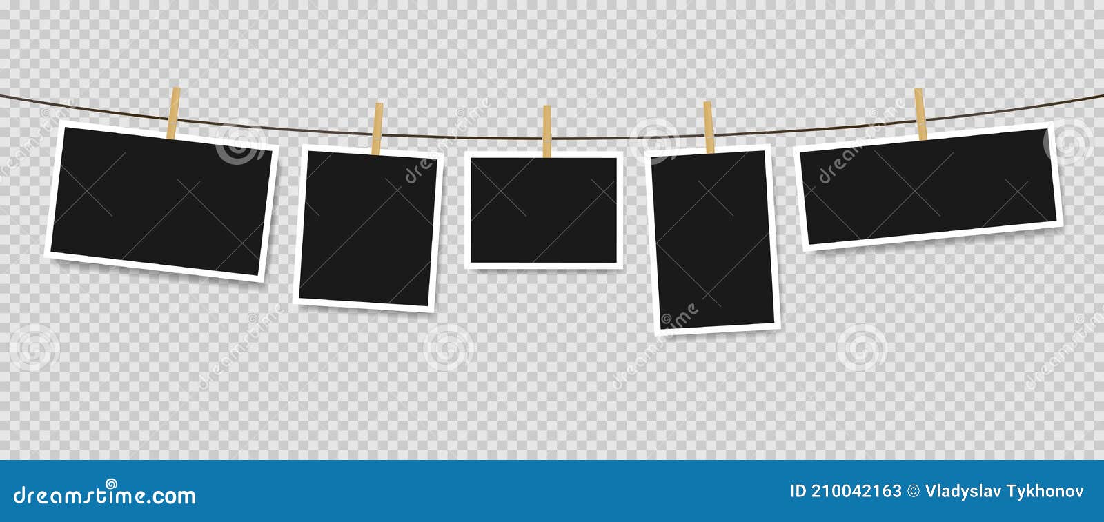 Photo Frames Hanging on Rope Isolated. Vector Illustration EPS 10 Stock