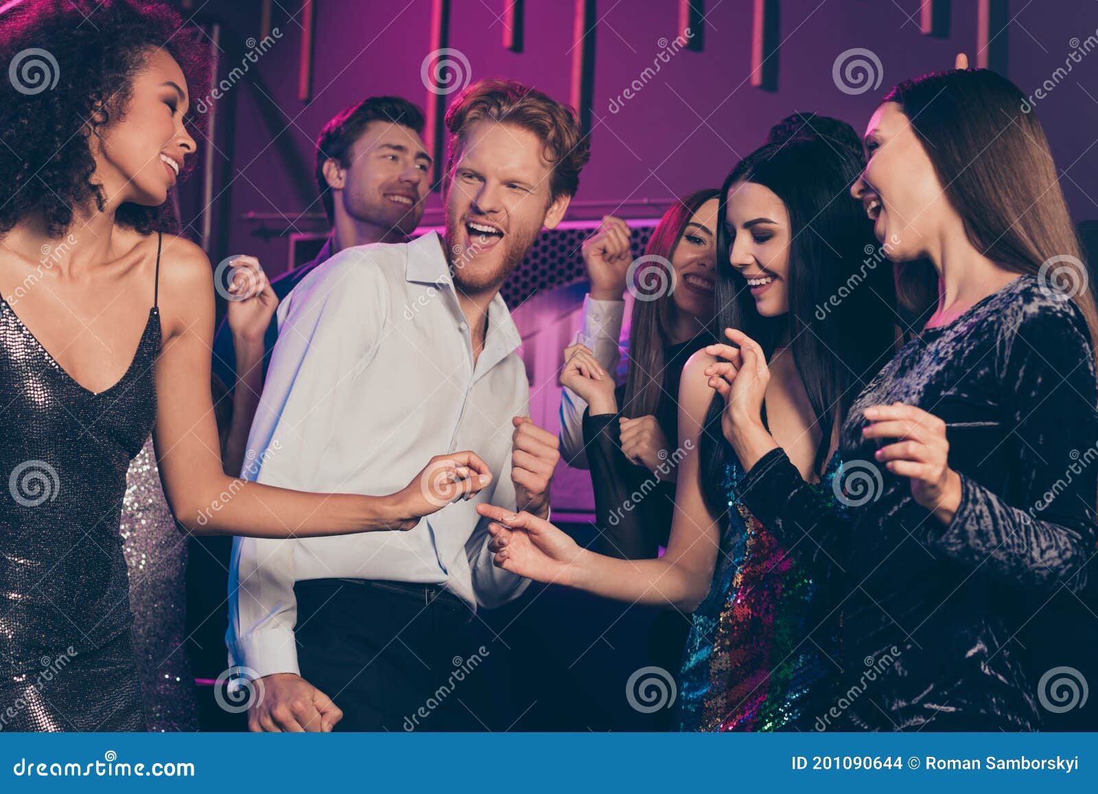 Photo of Friends Company Relaxing in Night Club Laughing Joking Wearing ...