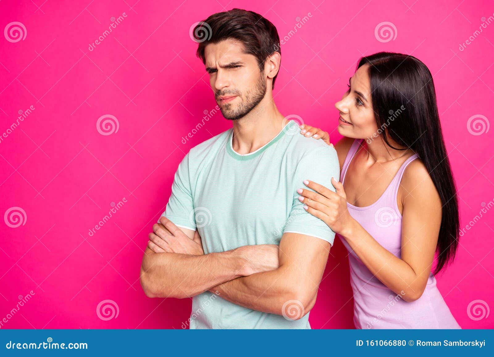 Photo of Funny Couple Guy Blaming Lady in Cheating Standing Angry and Mad Waiting Apologizing Wear Casual Clothes Stock Photo
