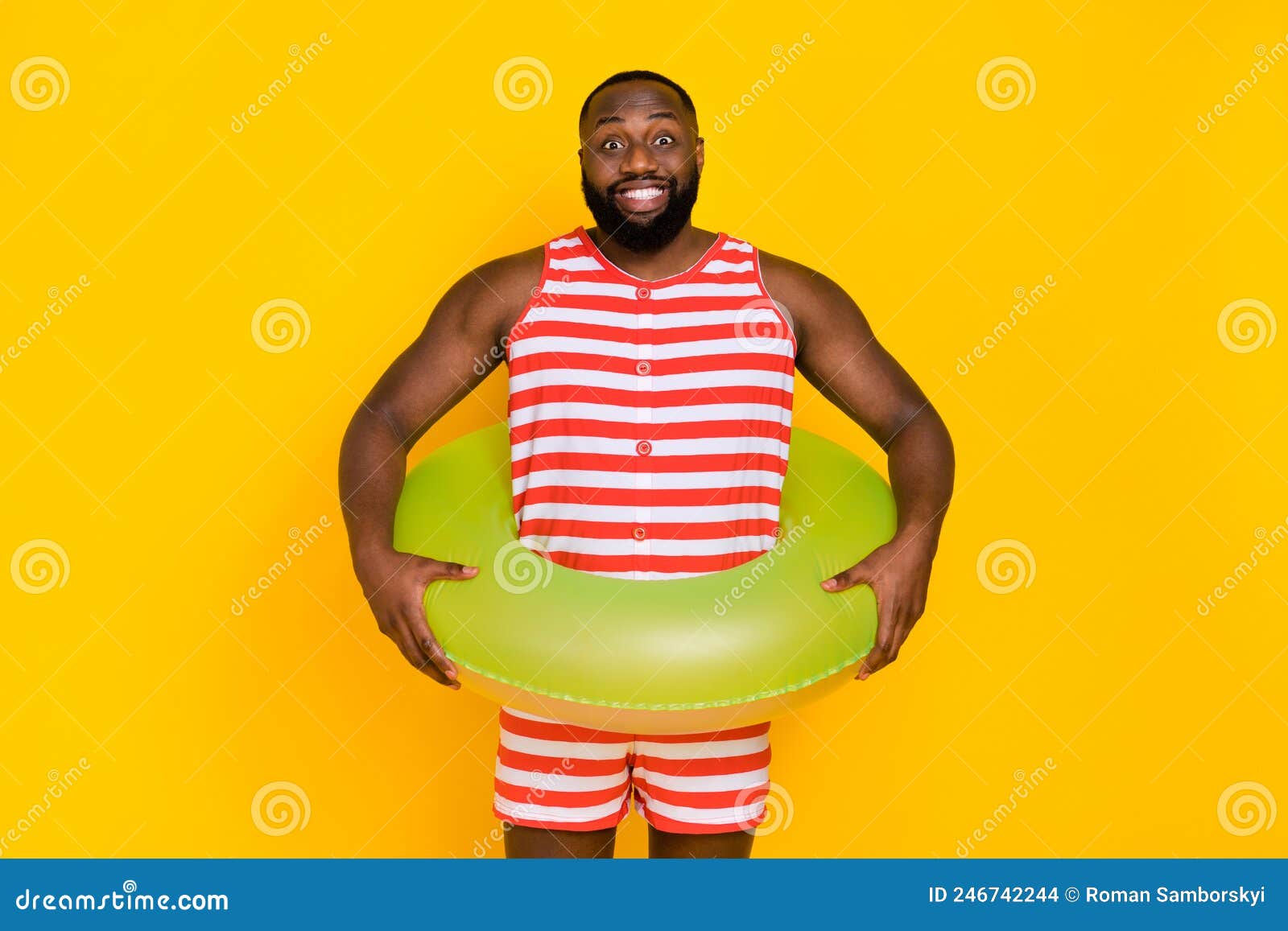 Photo Guy Hold Lifesaver Ring Swim Sea Ocean Wear Red Striped Set Overall  Shorts Isolated Bright Color Background Stock Photo - Image of model, buoy:  246742244