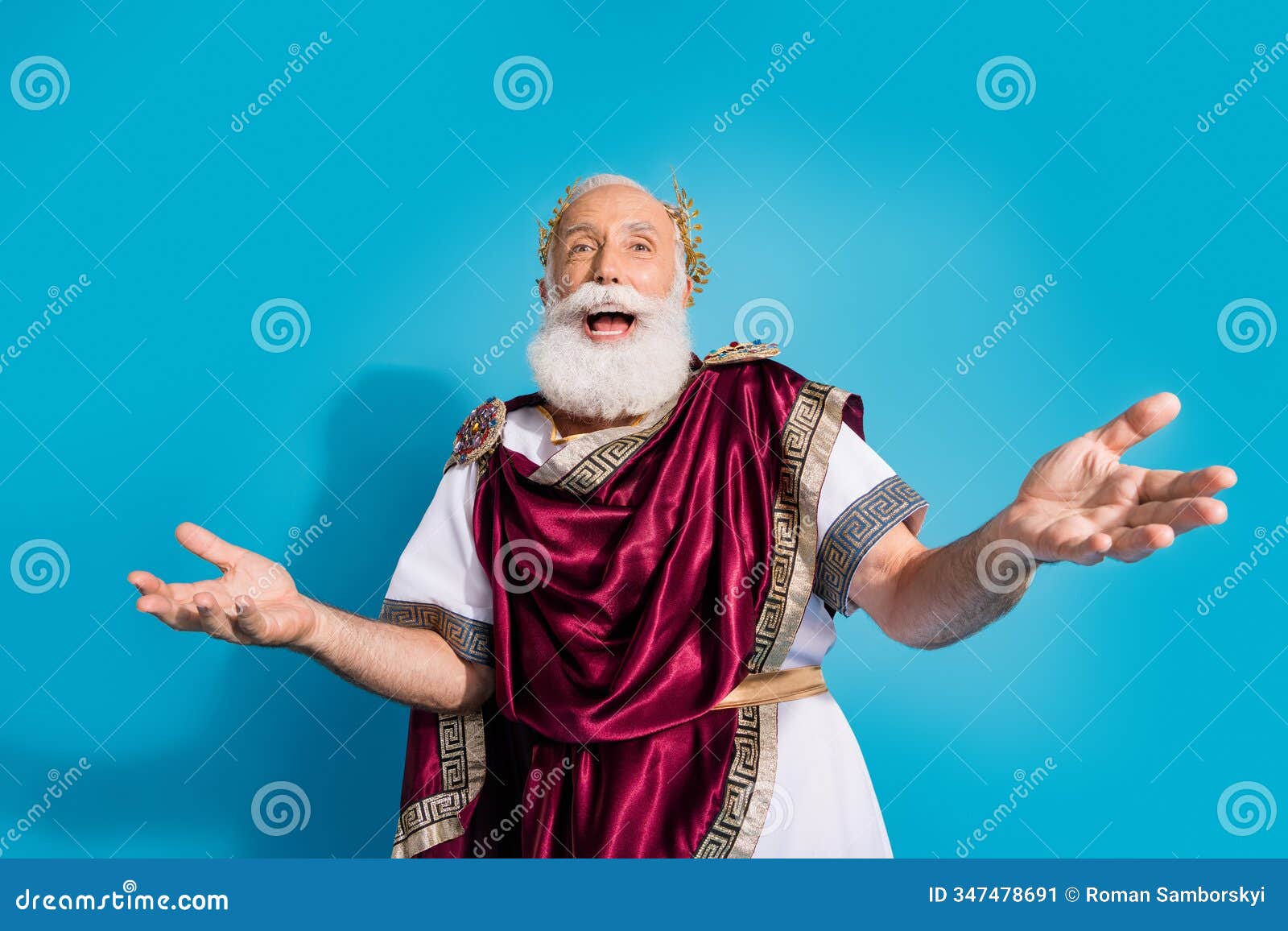 photo of handsome senior male laughing have fun wear ancient greek god king dress  on blue color background