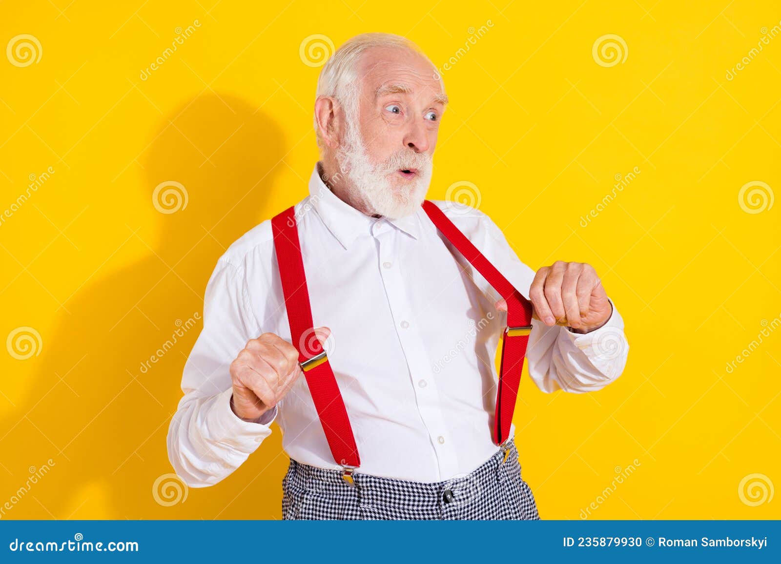 Photo of Hooray Aged Man Look Promo Wear White Shirt Red Suspenders  Isolated on Yellow Color Background Stock Photo - Image of feelyoung,  outfit: 235879930