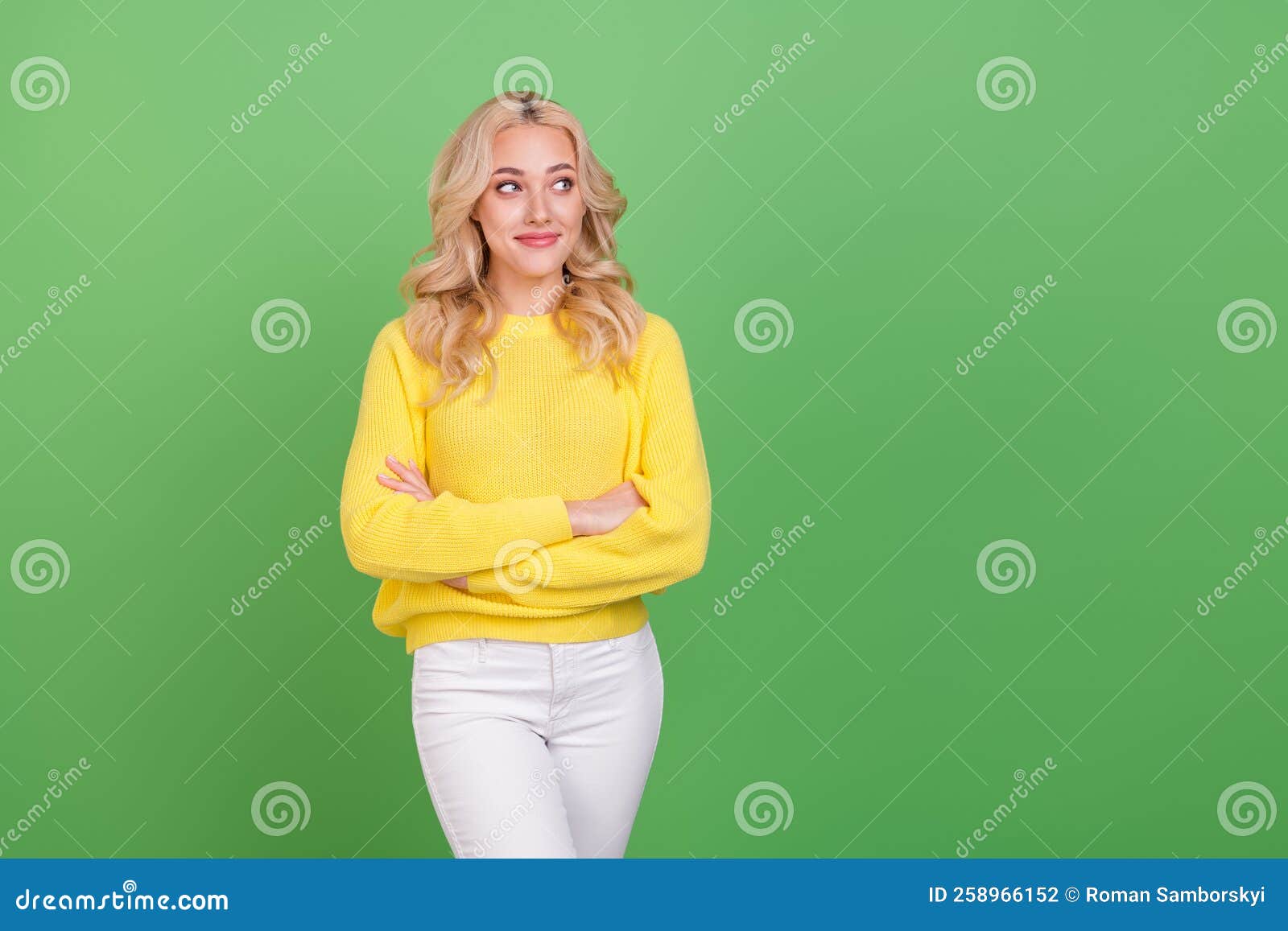 photo of impressed millennial blond lady crossed palms look pomo wear yellow pullover  on green color background