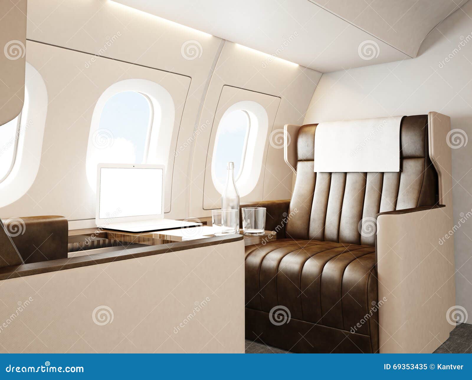photo interior of luxury private airplane. empty leather chair, modern generic  laptop table. blank white screen