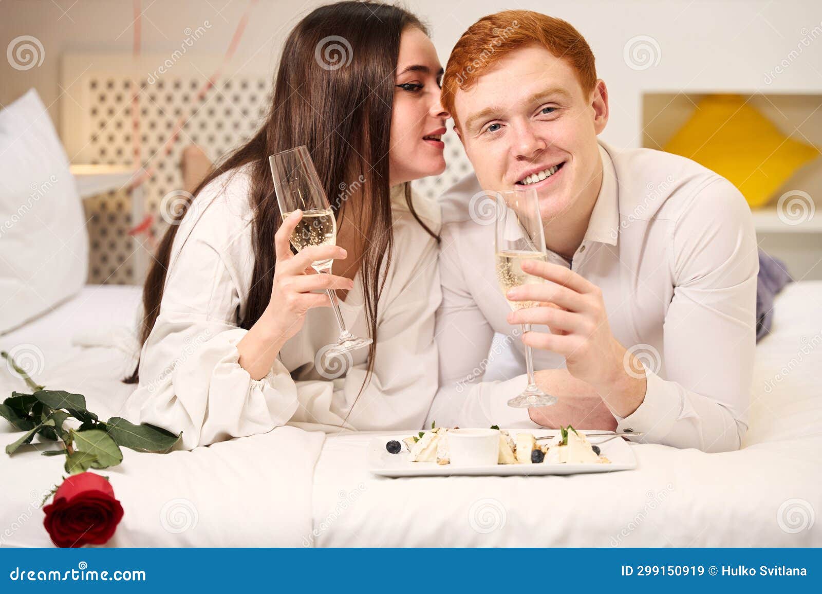 Photo of Loving Man and Woman in Bed Stock Image - Image of drink