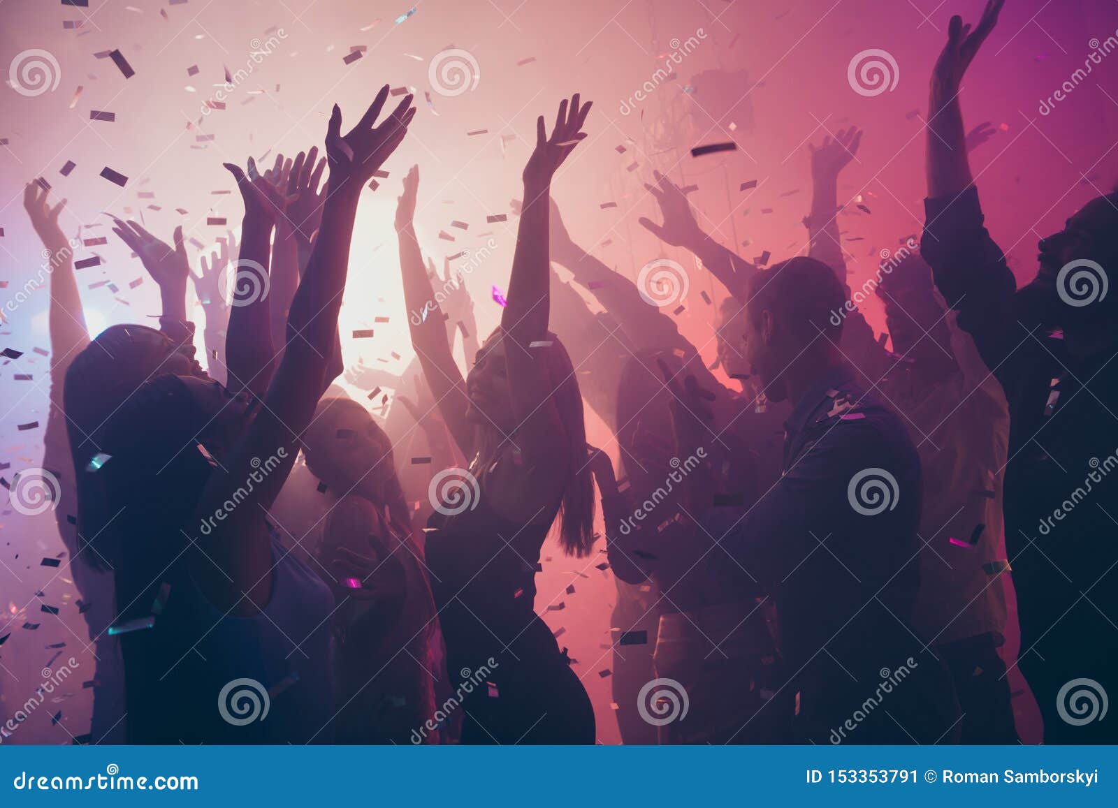 photo of many birthday event people dancing colorful lights confetti flying enjoy nightclub hands raised up wear shiny