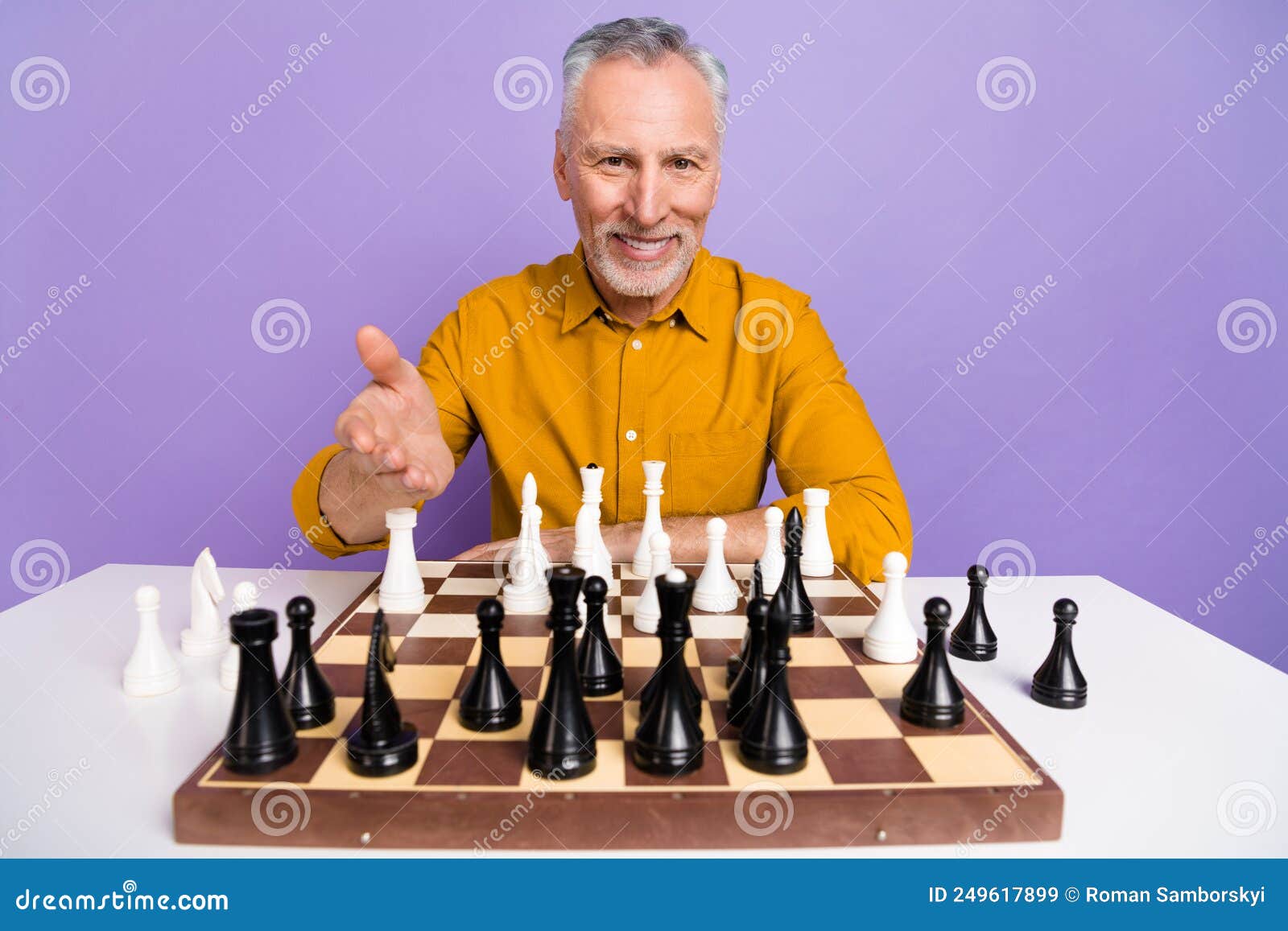 Photo of Mature Cheerful Man Friendly Play Chess Free-time Competition  Isolated Over Purple Color Background Stock Image - Image of fashion,  match: 249617899
