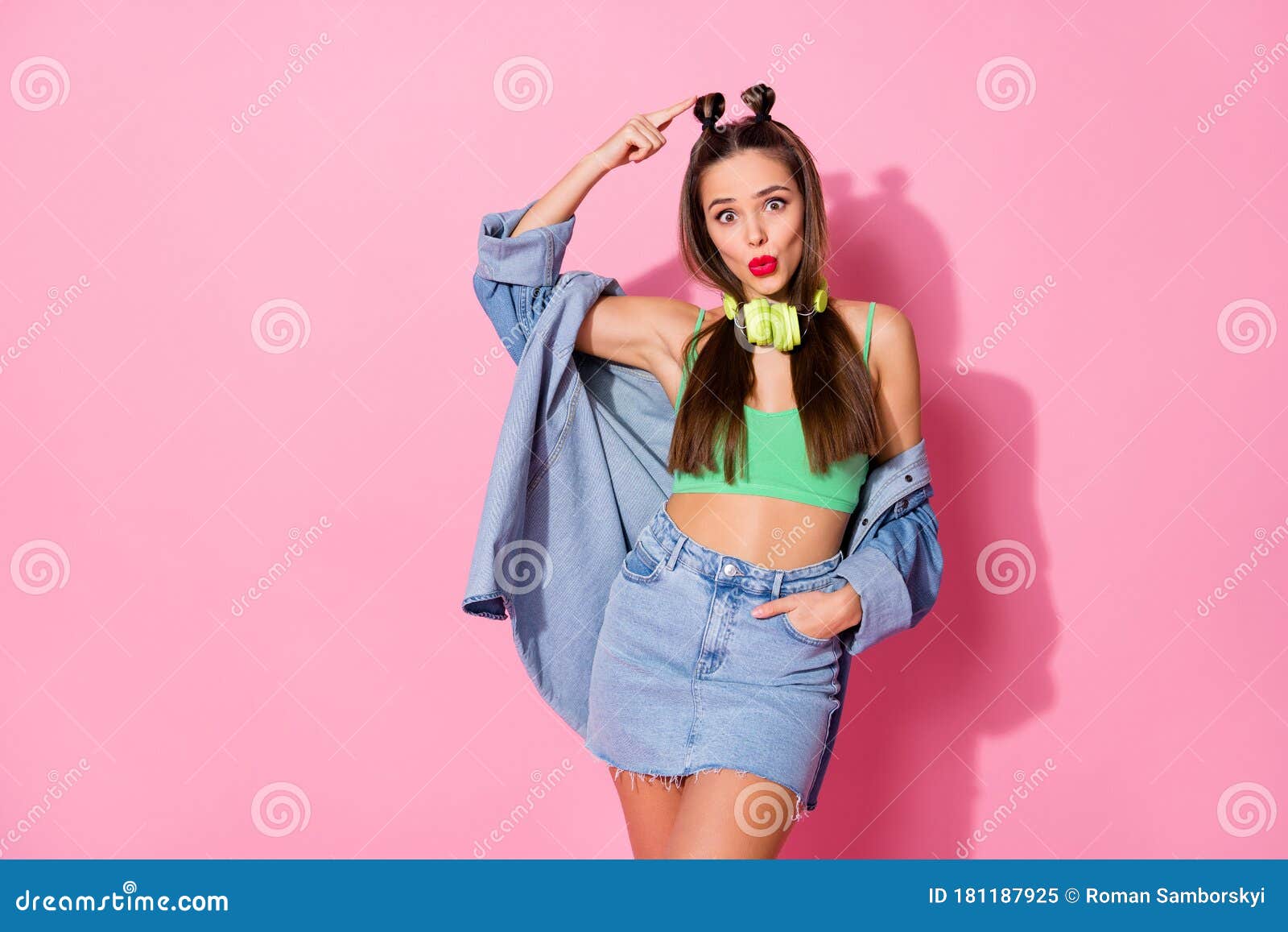 Photo of Millennial Pretty Lady Direct Finger Head Showing Modern Cool  Hairdo Two Buns Wear Denim Jacket Green Crop Top Stock Image - Image of  hairdress, millennial: 181187925