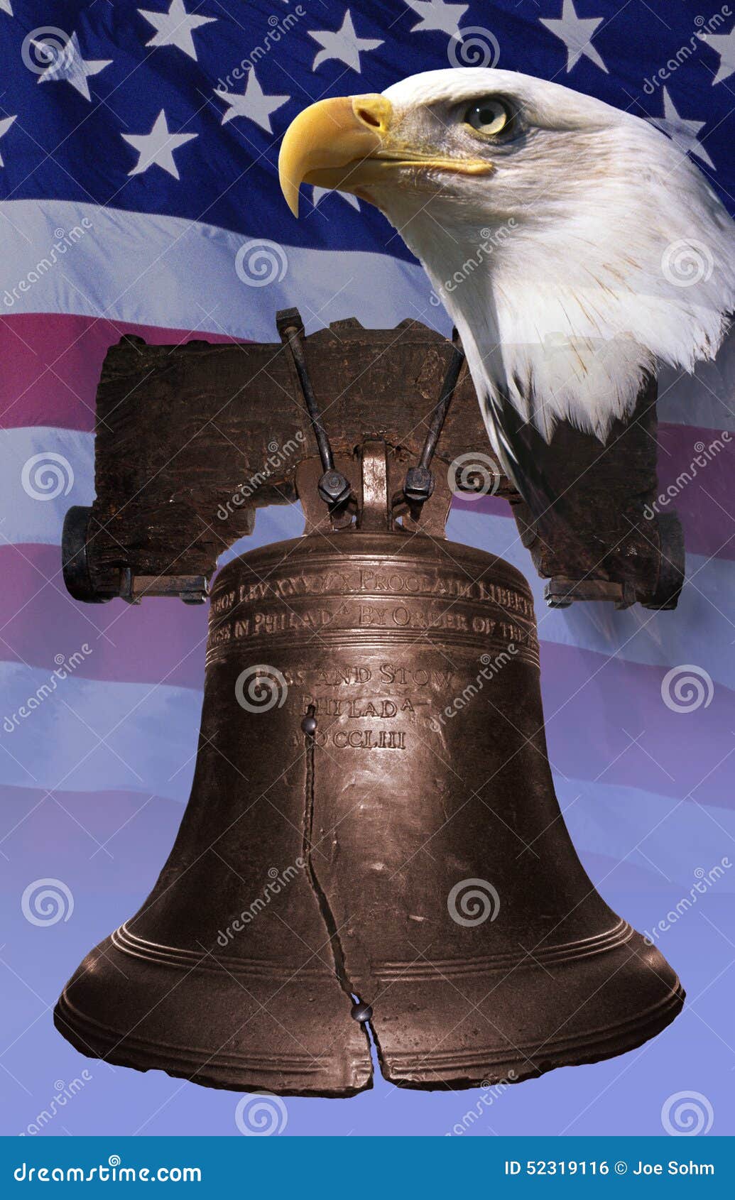 Photo Montage: Liberty Bell, American Eagle, American Flag Stock Photo